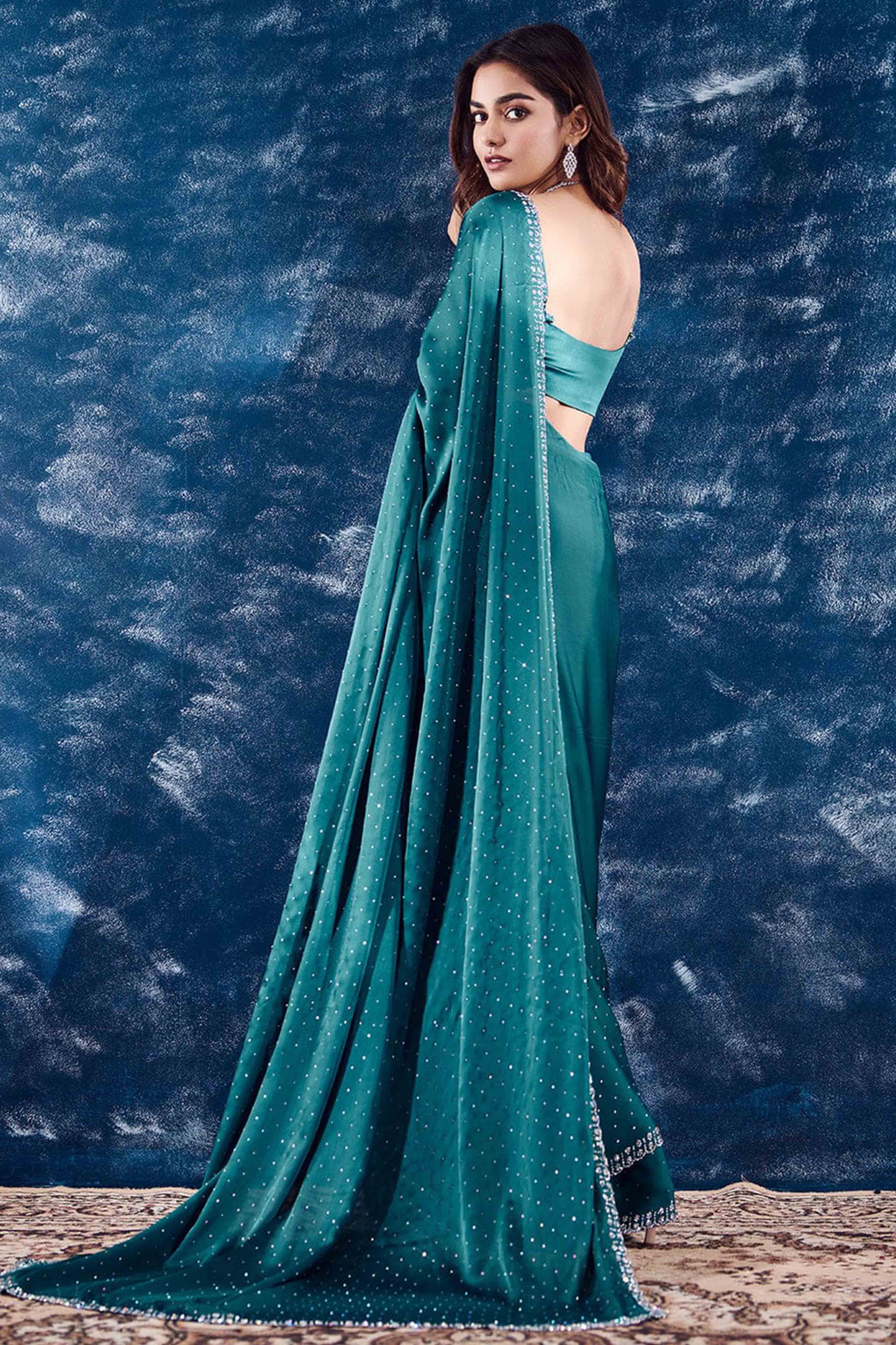 Teal Swarovski Work Embellished Satin Saree
