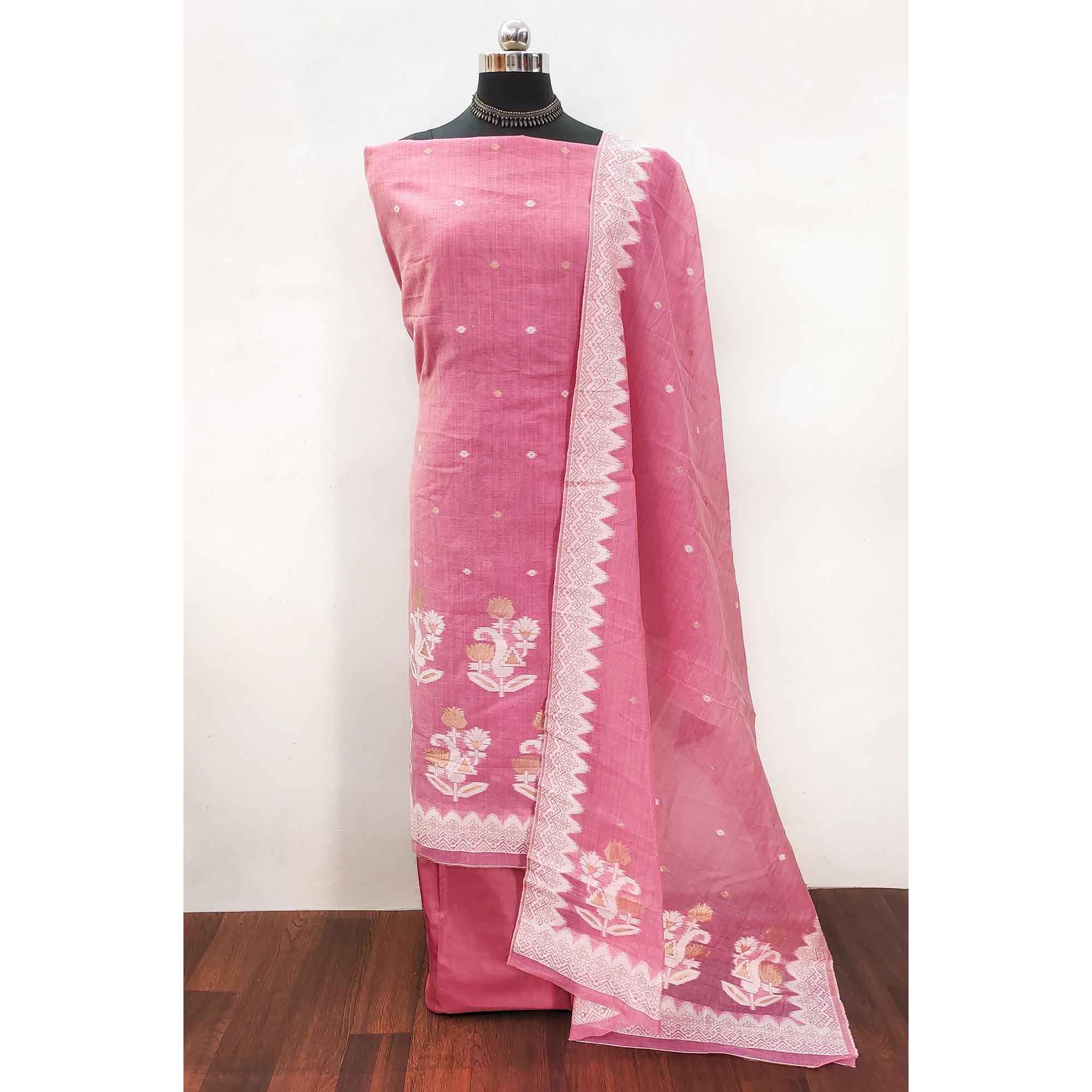 Pink Floral Woven Banarasi Silk Dress Material