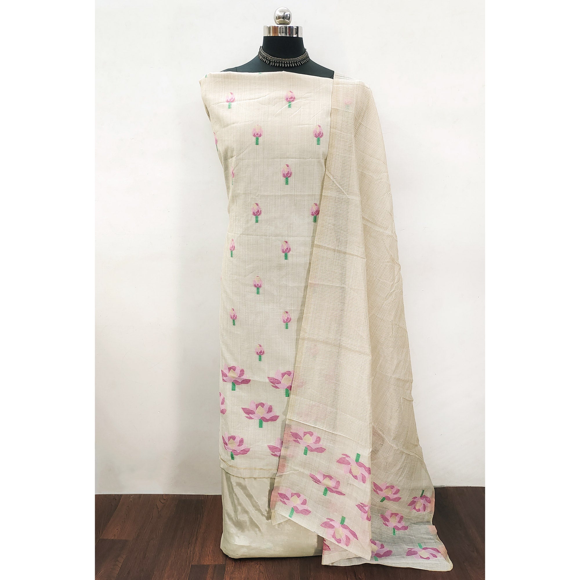 Cream & Pink Floral Woven Banarasi Silk Dress Material