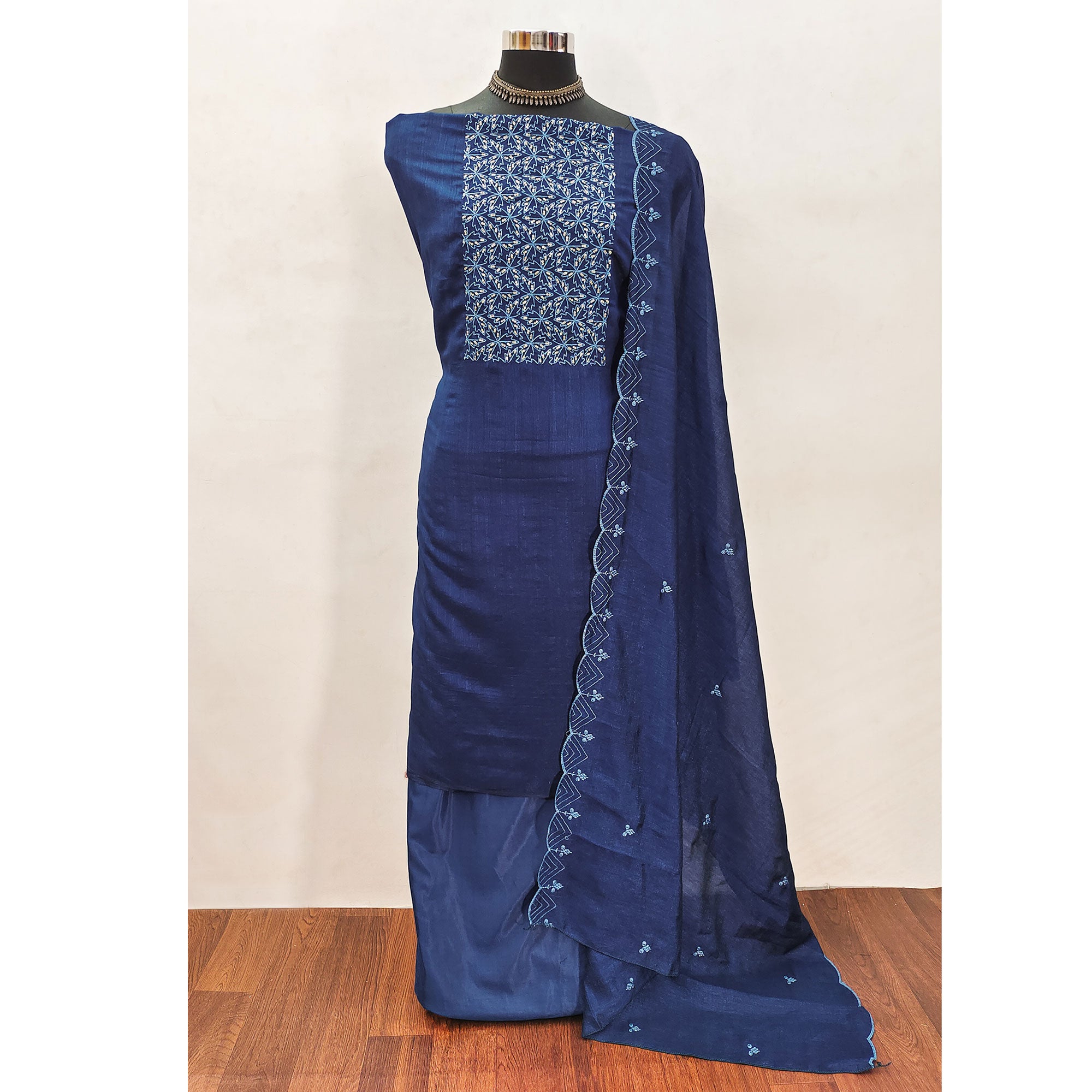 Blue Sequins Embroidered Vichitra Silk Dress Material