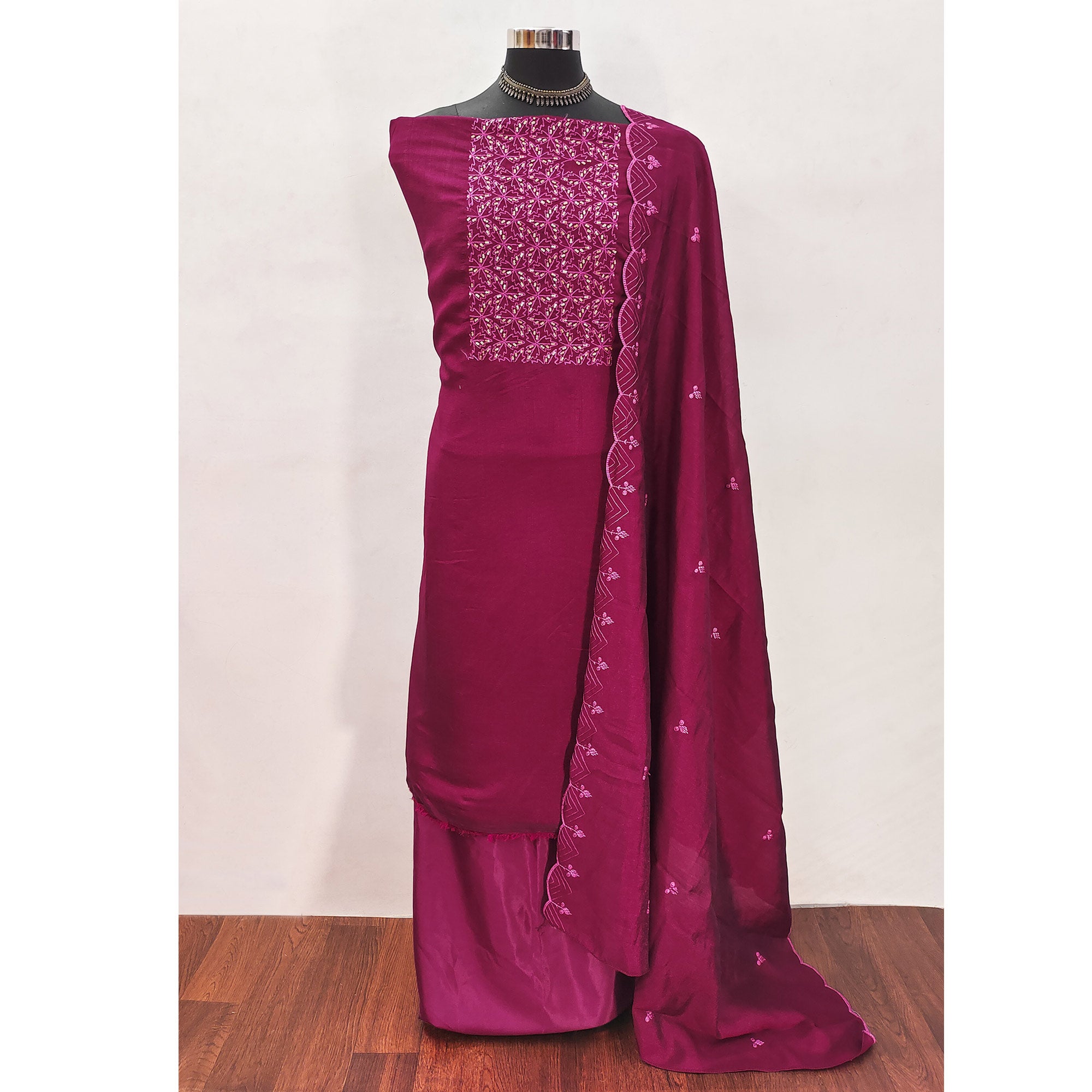 Dark Magenta Sequins Embroidered Vichitra Silk Dress Material