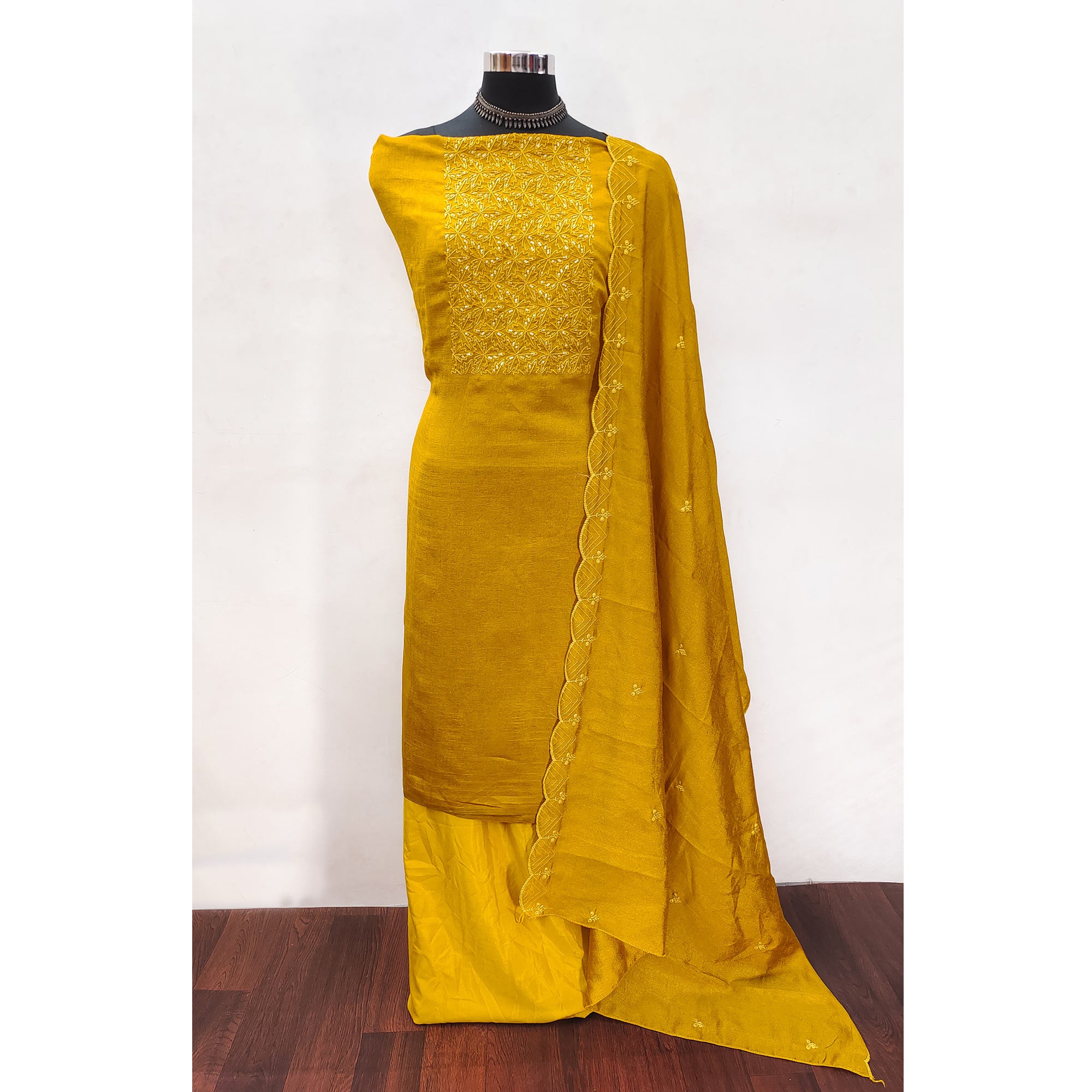 Mustard Sequins Embroidered Vichitra Silk Dress Material