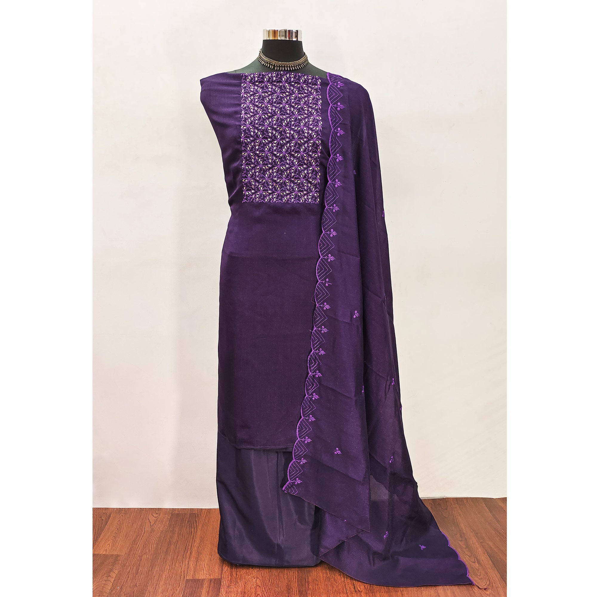 Purple Sequins Embroidered Vichitra Silk Dress Material