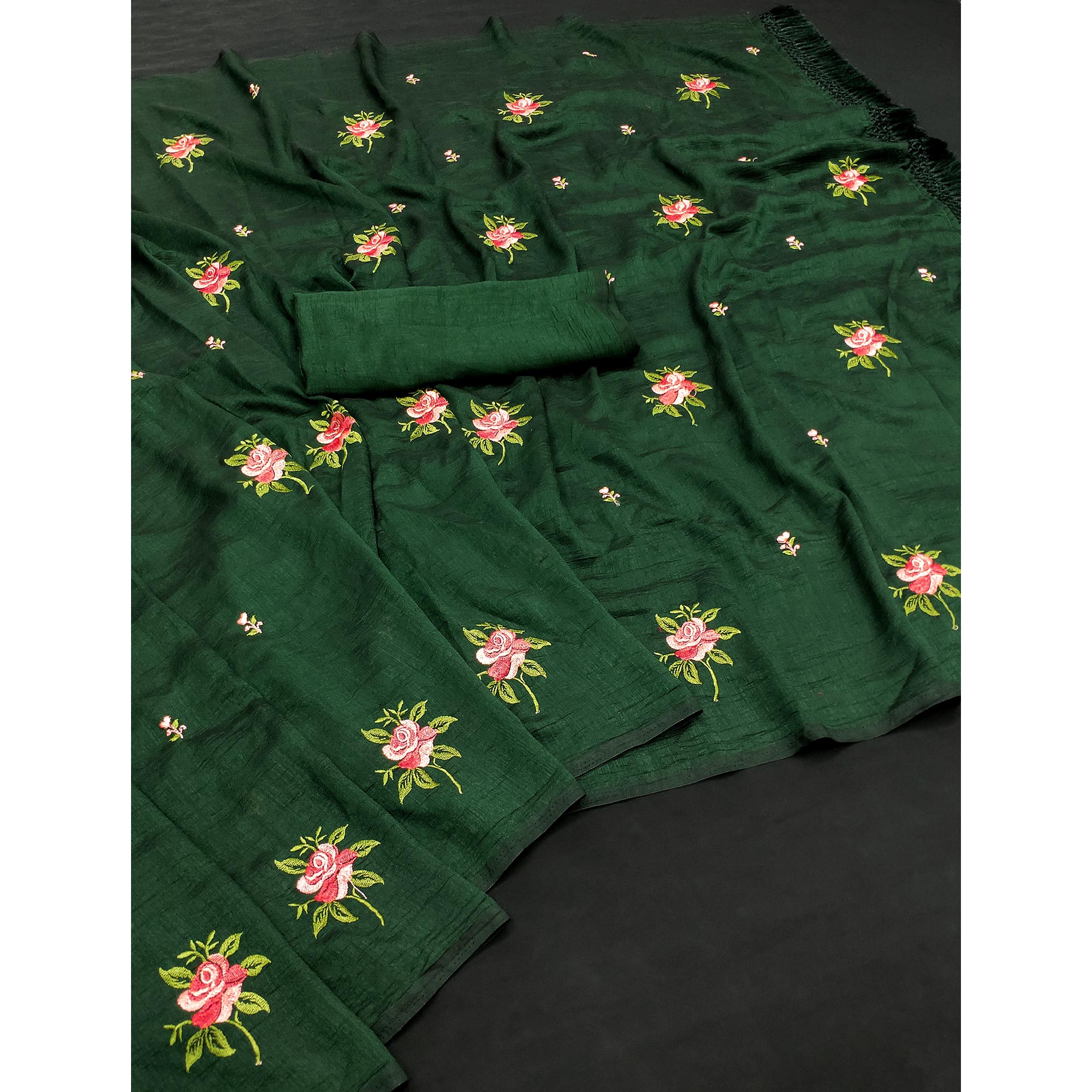 Green Floral Embroidered Vichitra Silk Saree With Tassels