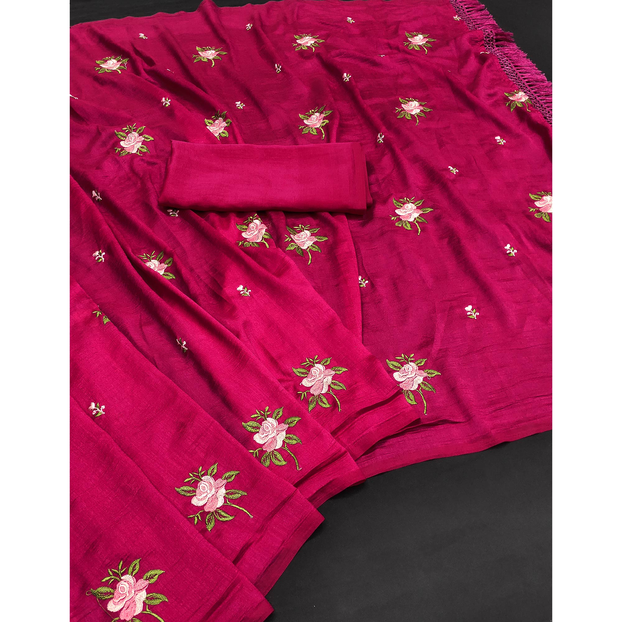 Pink Floral Embroidered Vichitra Silk Saree  With Tassels