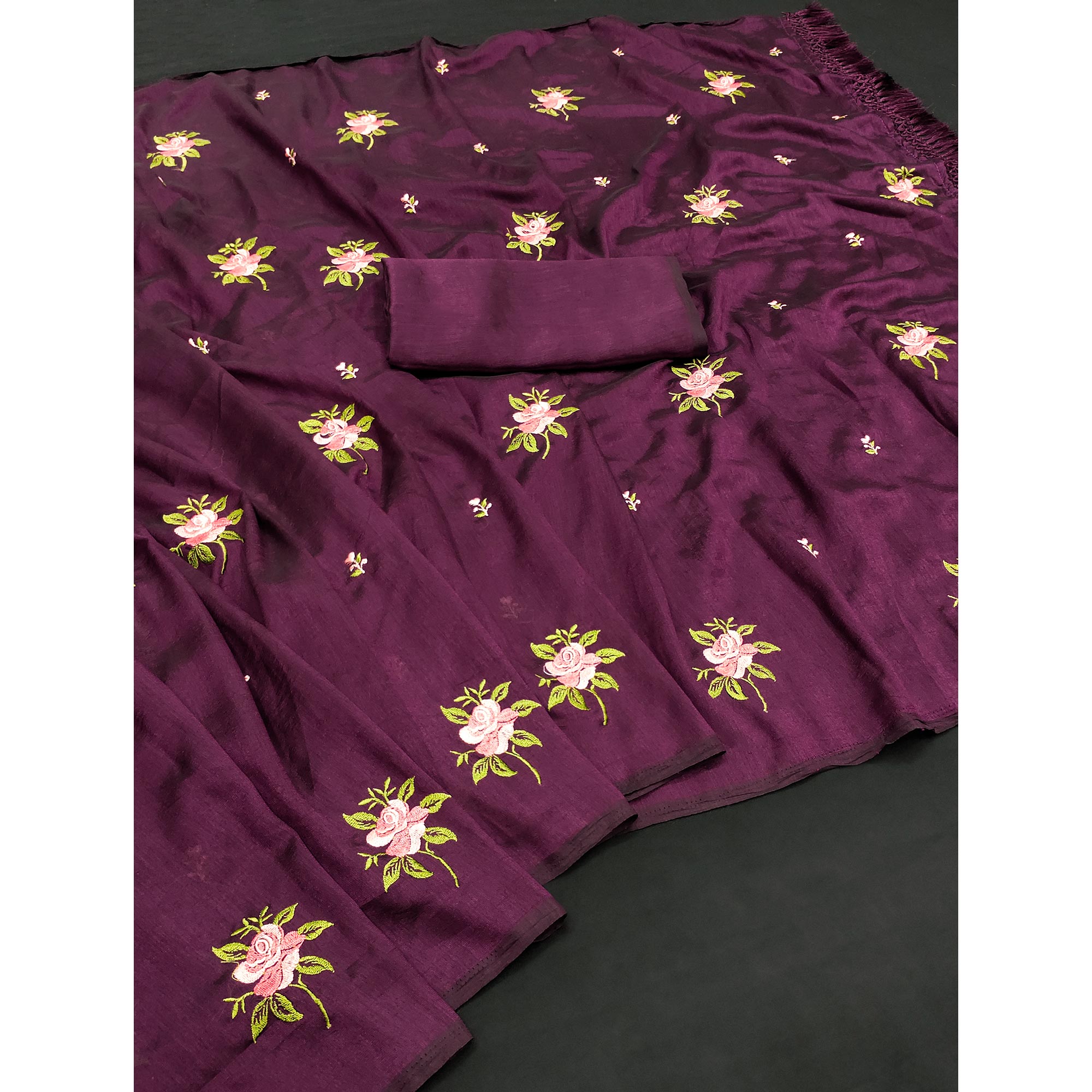 Purple Floral Embroidered Vichitra Silk Saree With Tassels