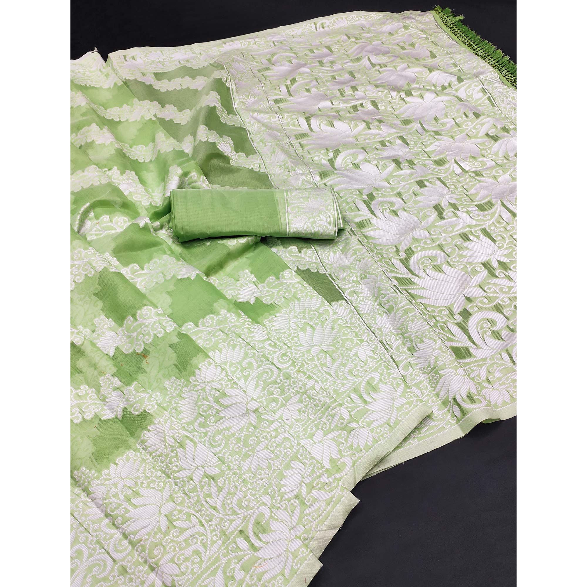 Green Floral Woven Banarasi Silk Saree With Tassels