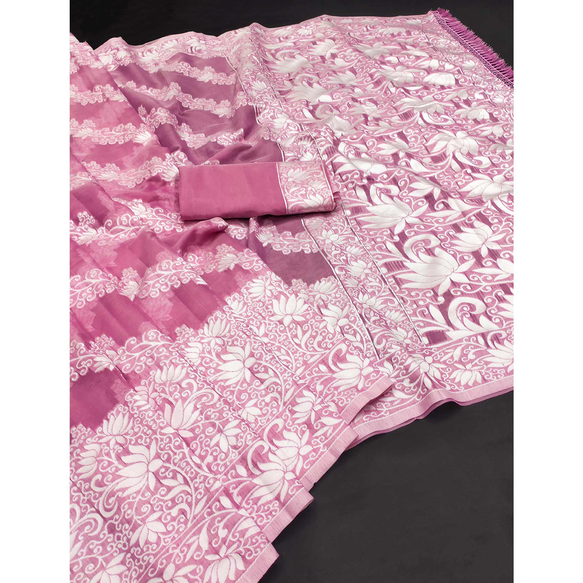 Onion Pink Floral Woven Banarasi Silk Saree With Tassels