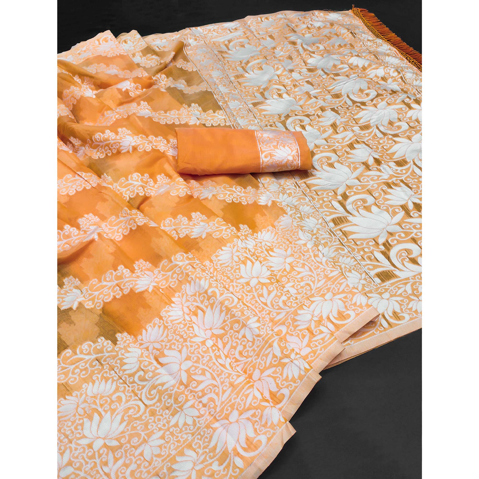 Orange Floral Woven Banarasi Silk Saree With Tassels