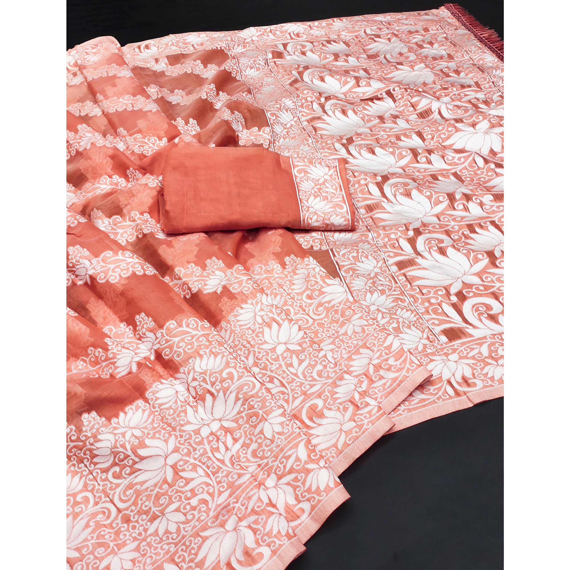 Peach Floral Woven Banarasi Silk Saree With Tassels