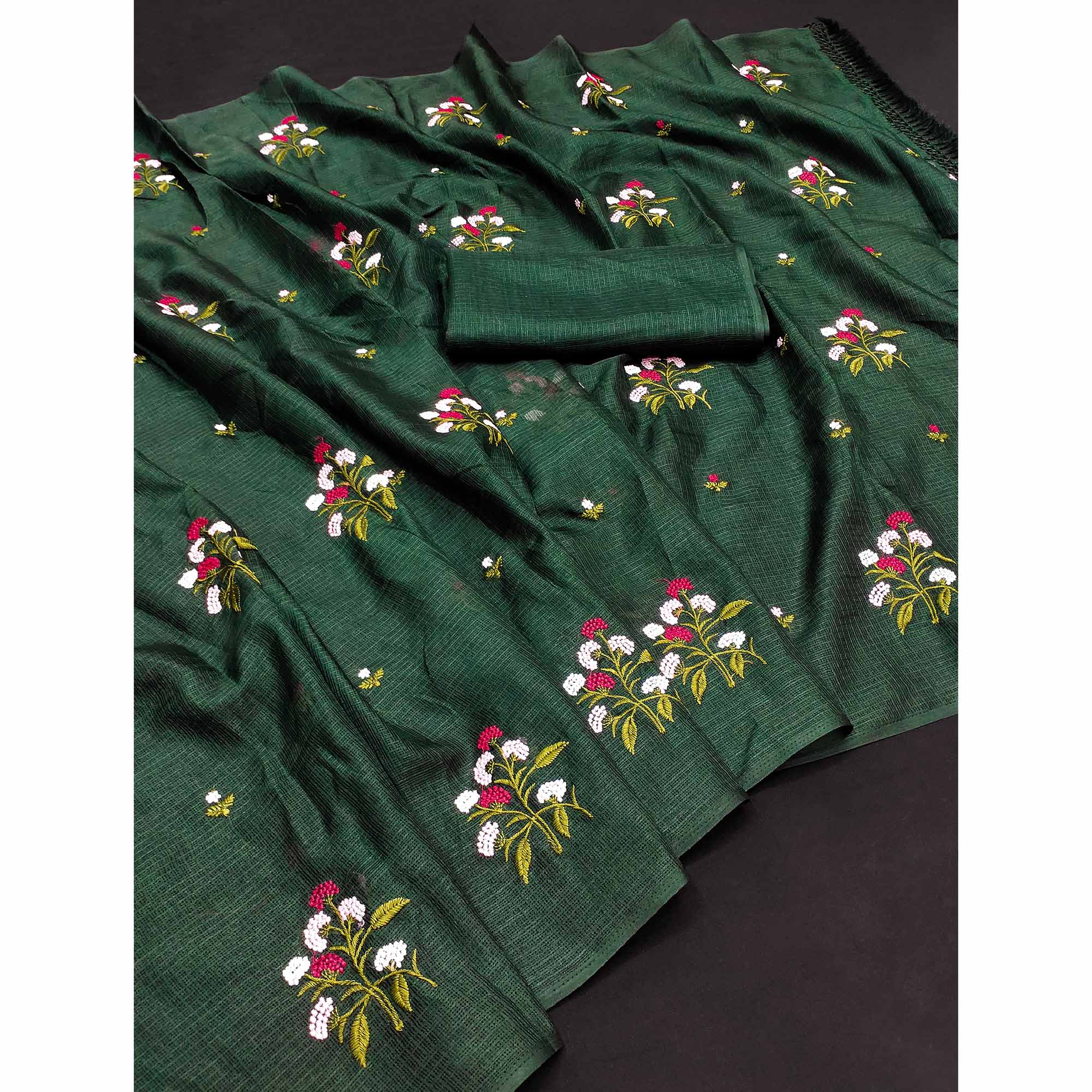 Green Floral Embroidered Kota Doria Saree With Tassels