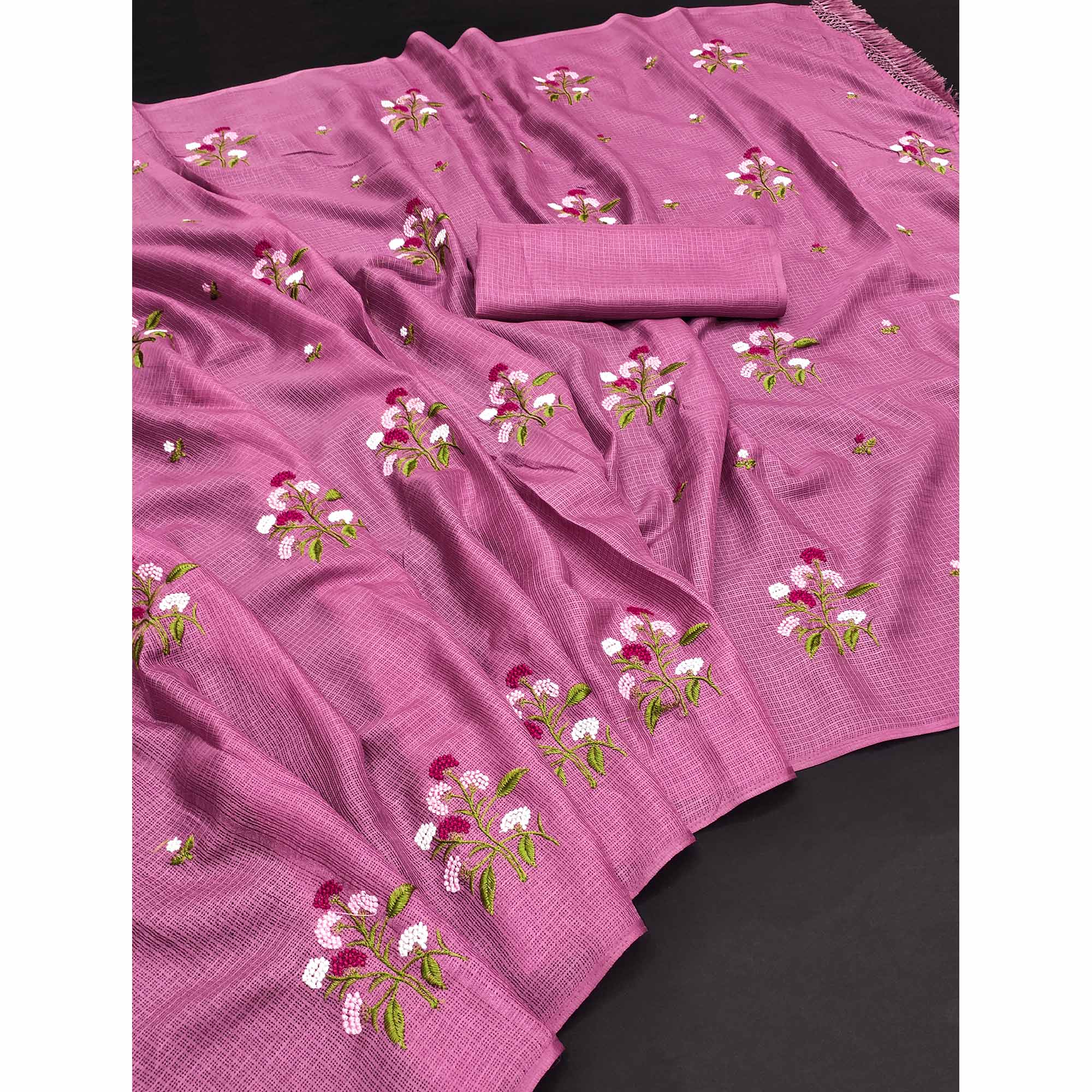 Pink Floral Embroidered Kota Doria Saree With Tassels