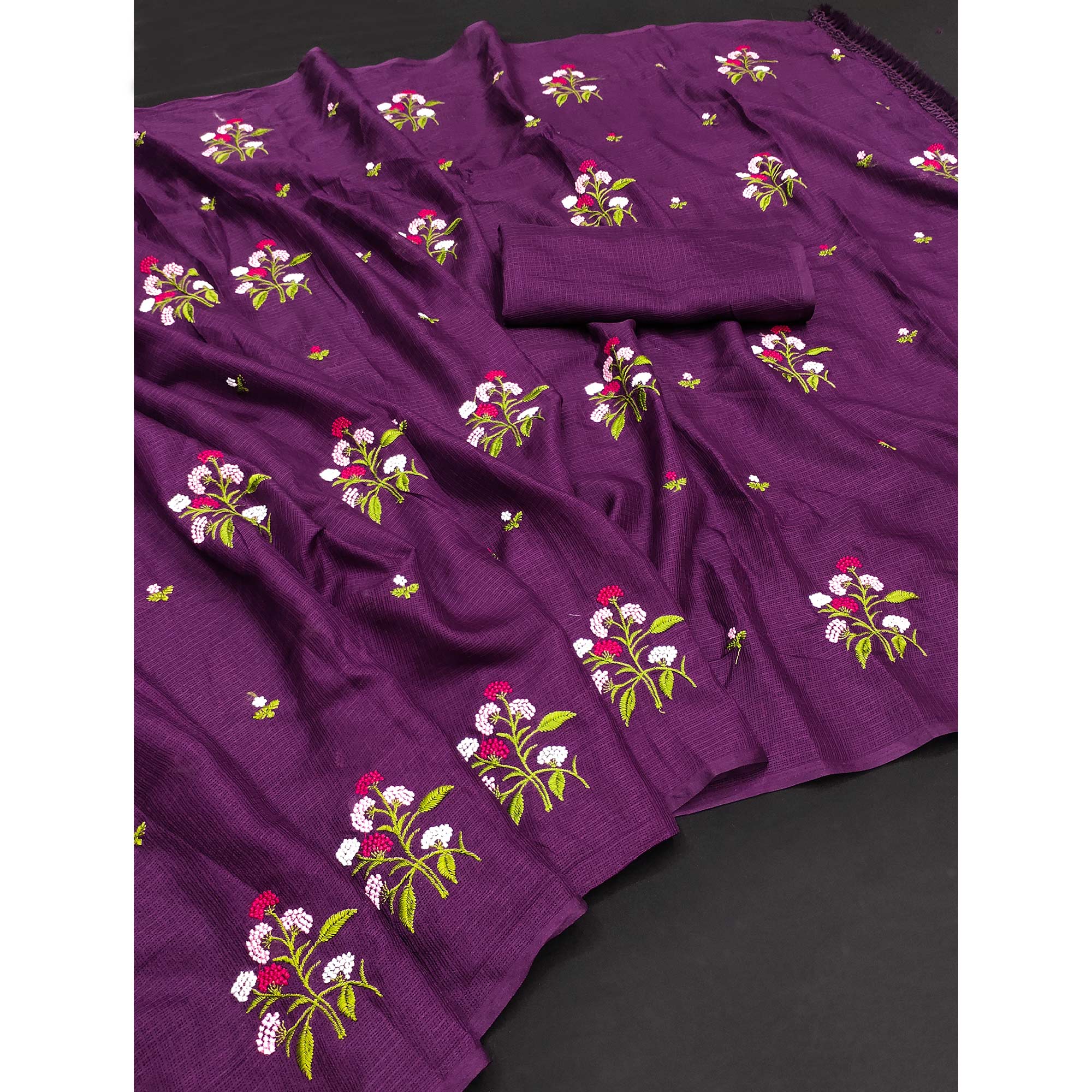 Purple Floral Embroidered Kota Doria Saree With Tassels