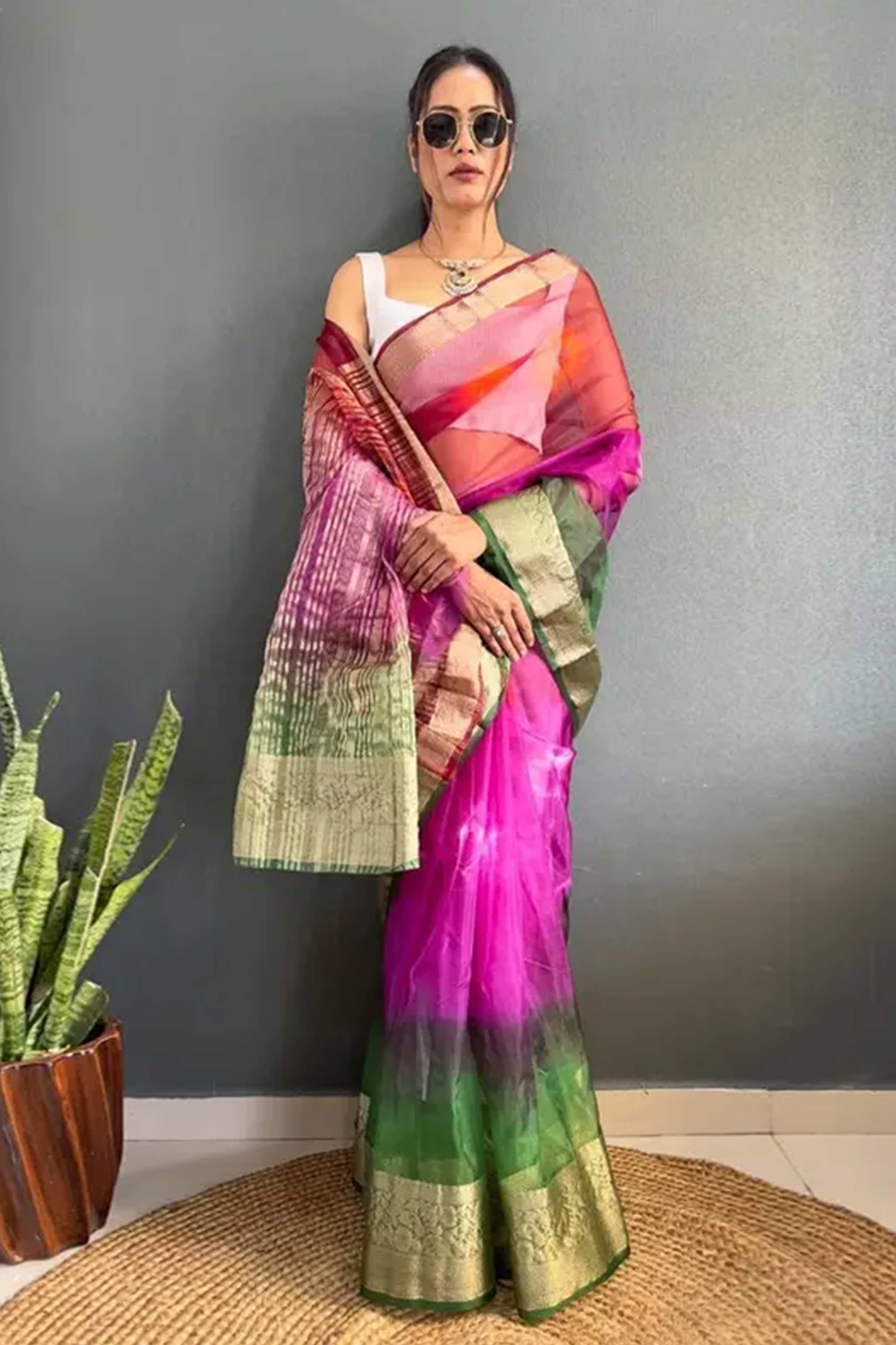 Multicolor Ombre Zari Woven Organza Saree