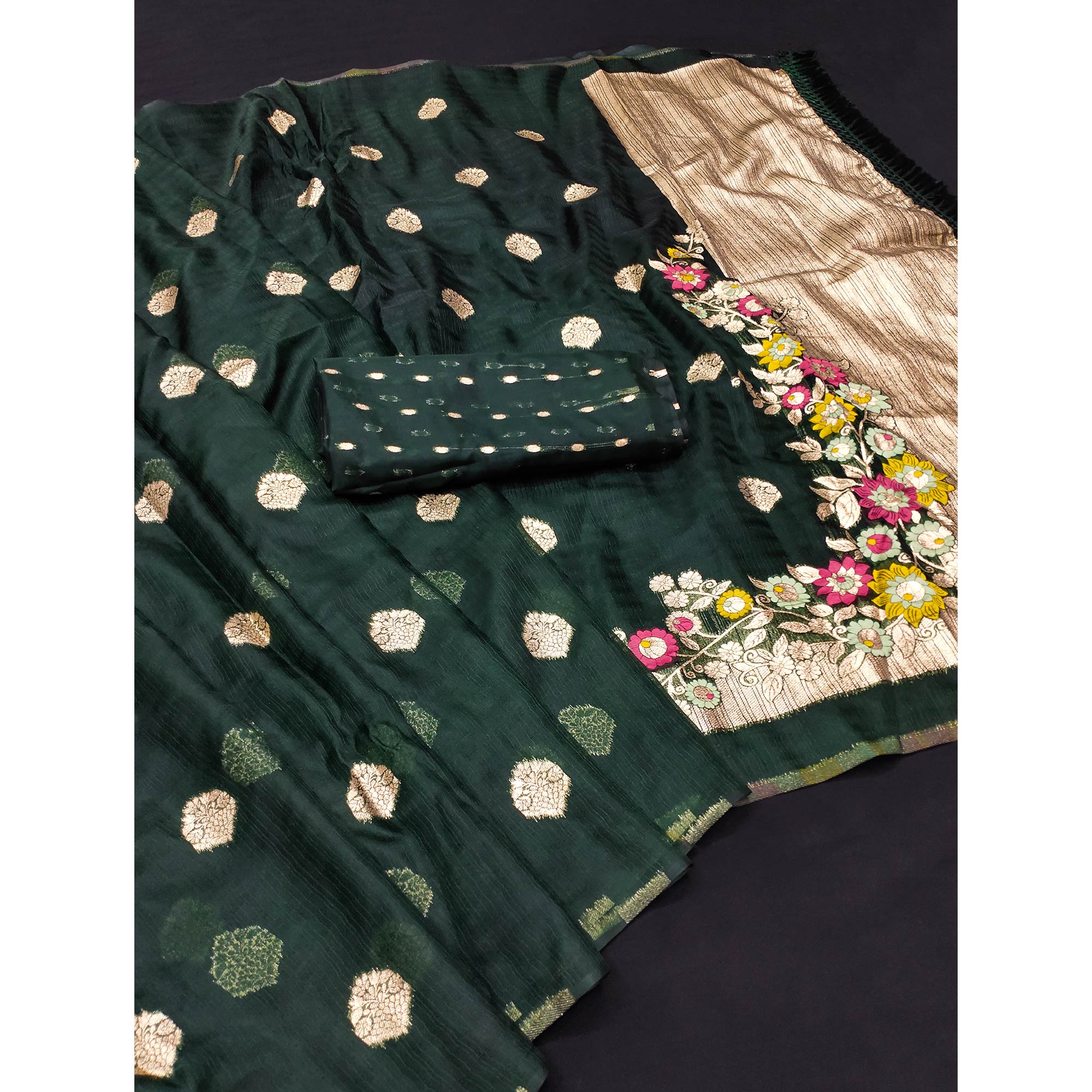 Green Floral Woven Organza Saree With Tassels