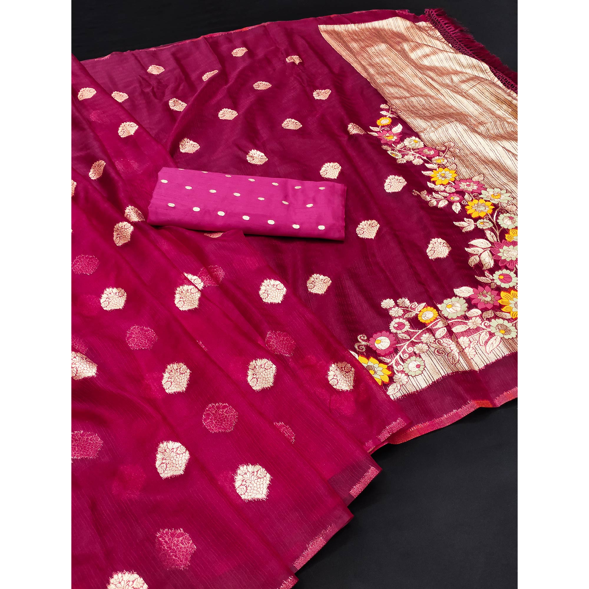 Pink Floral Woven Organza Saree With Tassels