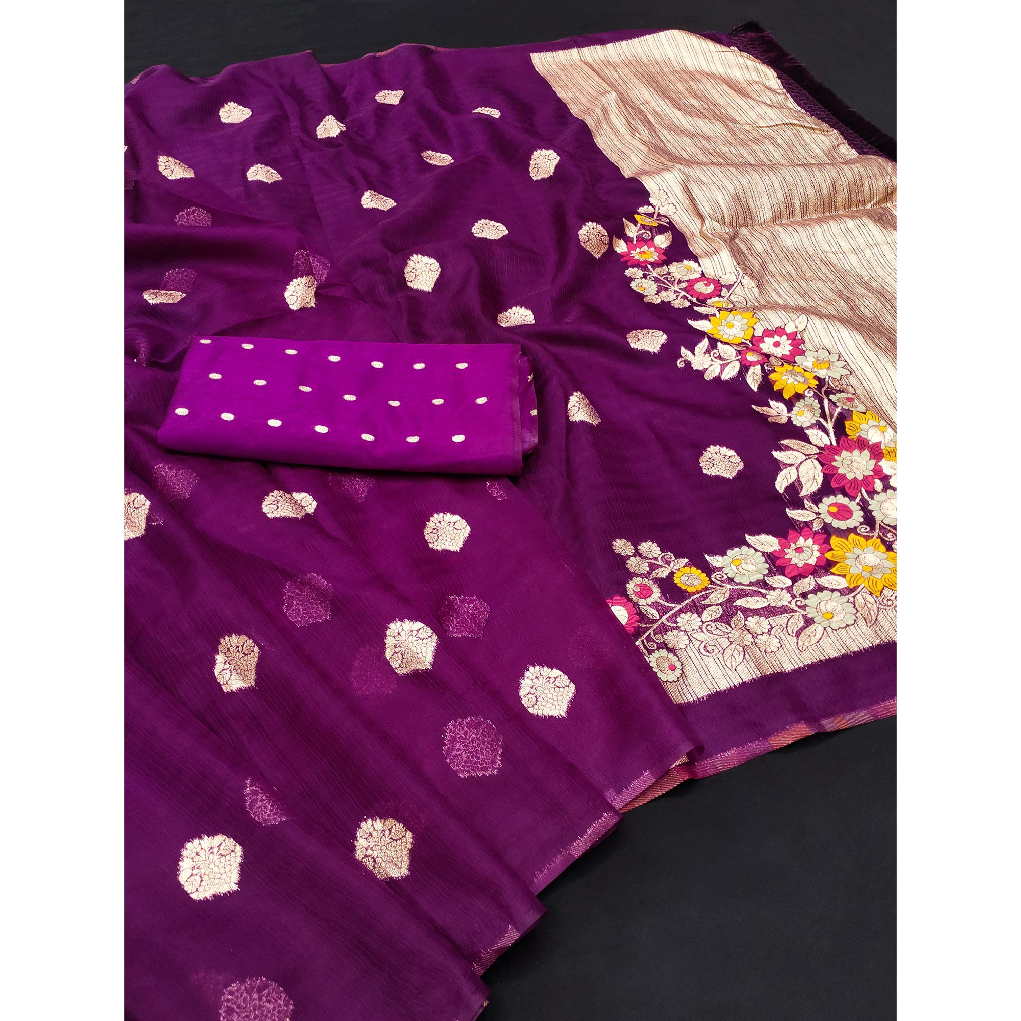 Purple Floral Woven Organza Saree With Tassels