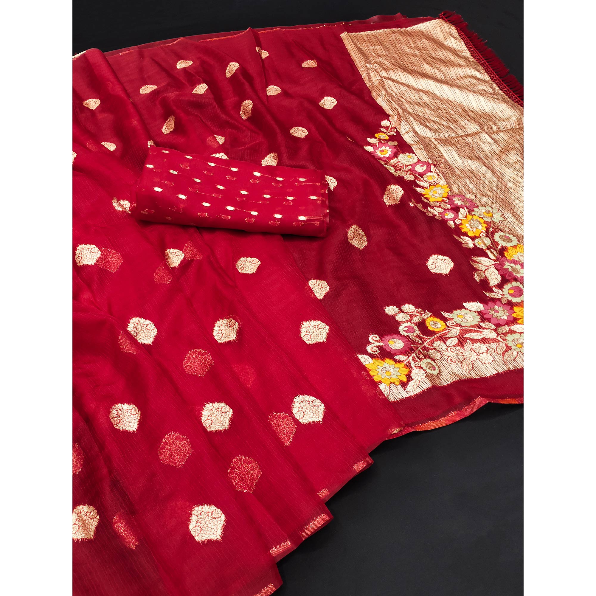Red Floral Woven Organza Saree With Tassels