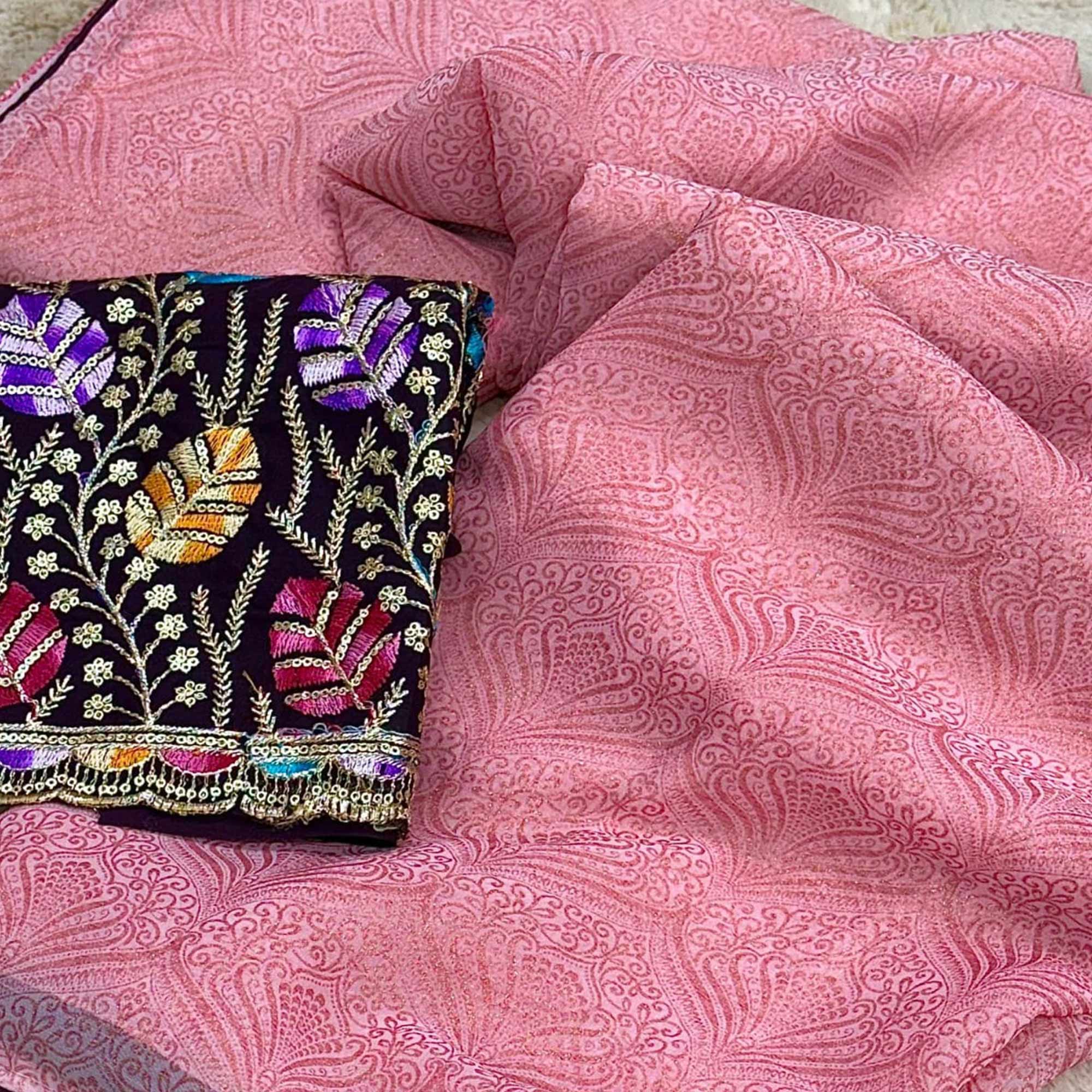 Pink Floral Printed Georgette Saree