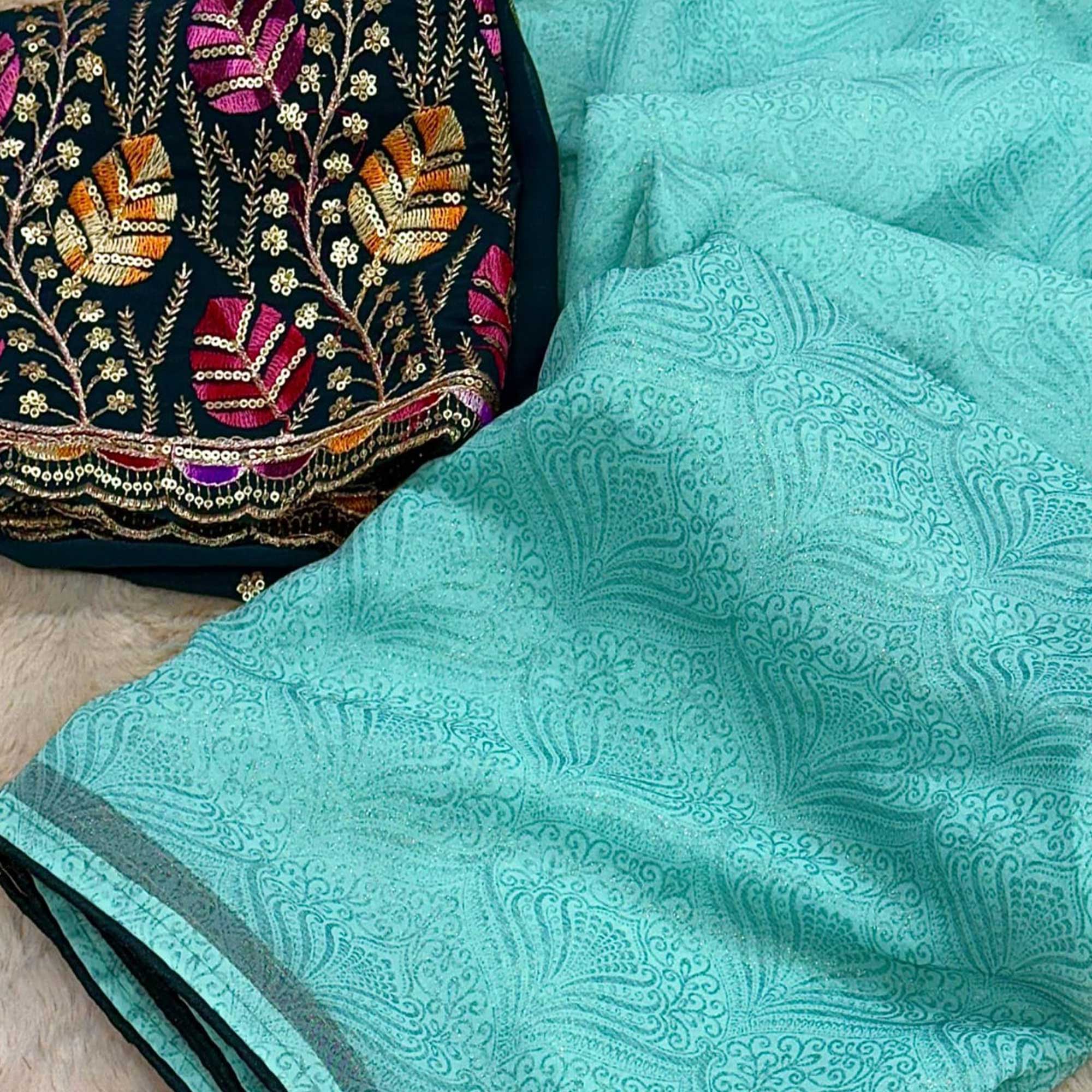 Turquoise Floral Printed Georgette Saree