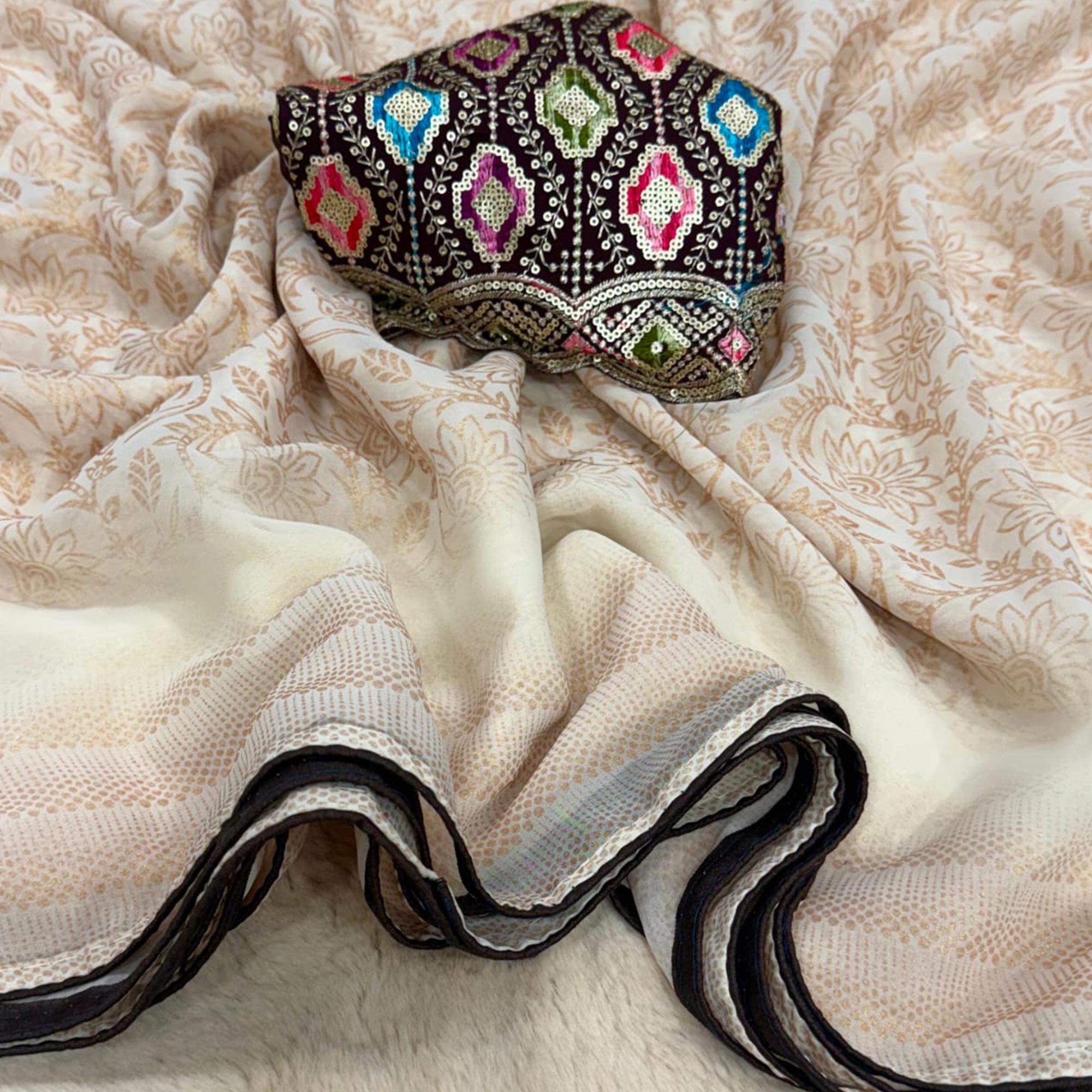 Cream Floral Printed Georgette Saree