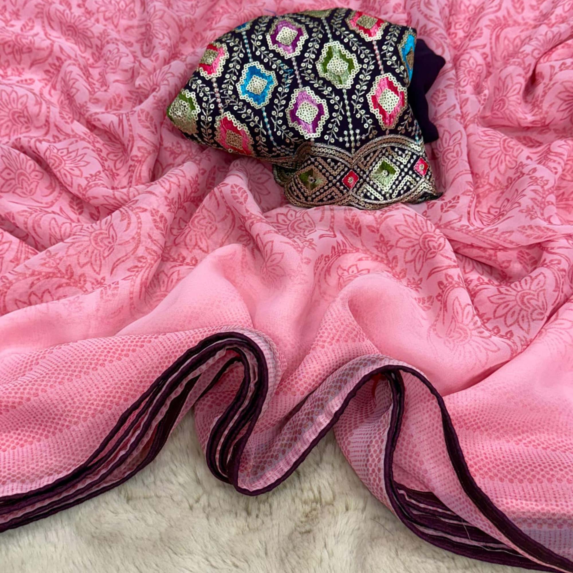 Pink Floral Printed Georgette Saree