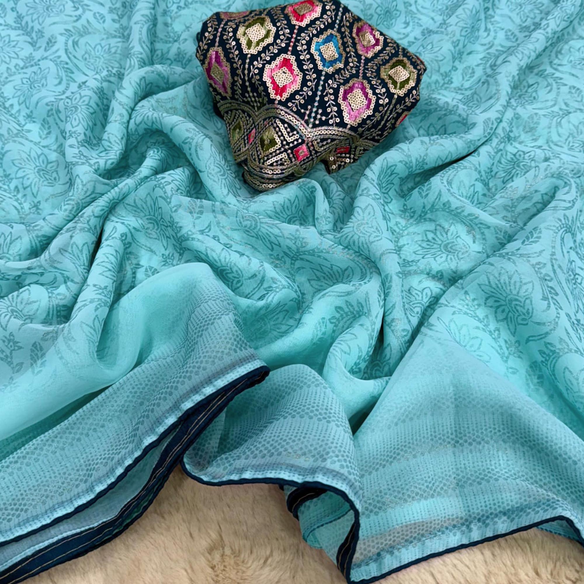 Turquoise Floral Printed Georgette Saree