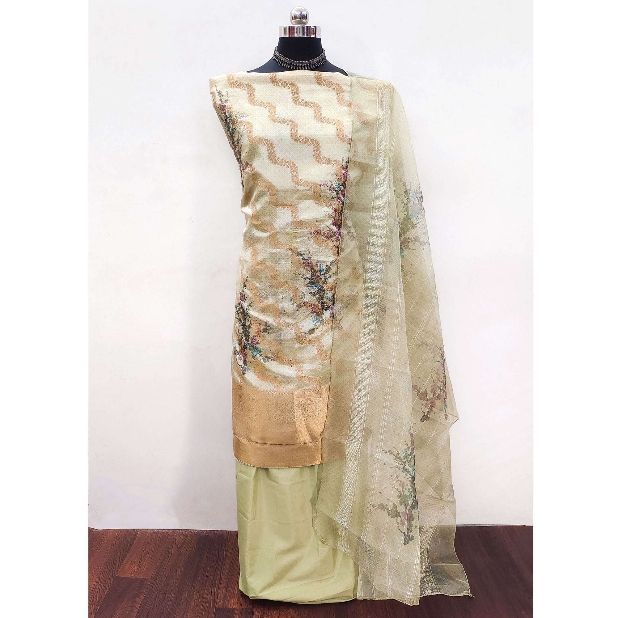 Light Green Woven With Digital Printed Organza Dress Material