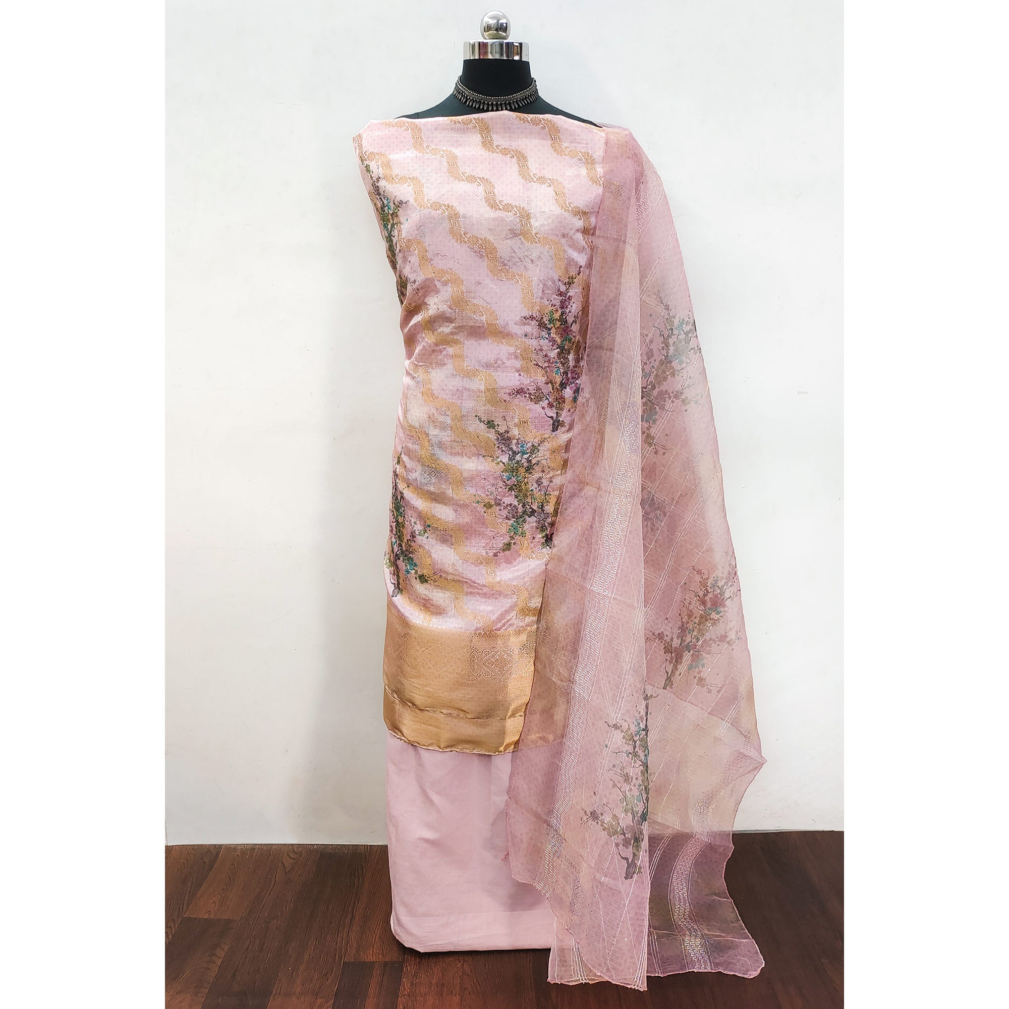 Rose Pink Woven With Digital Printed Organza Dress Material
