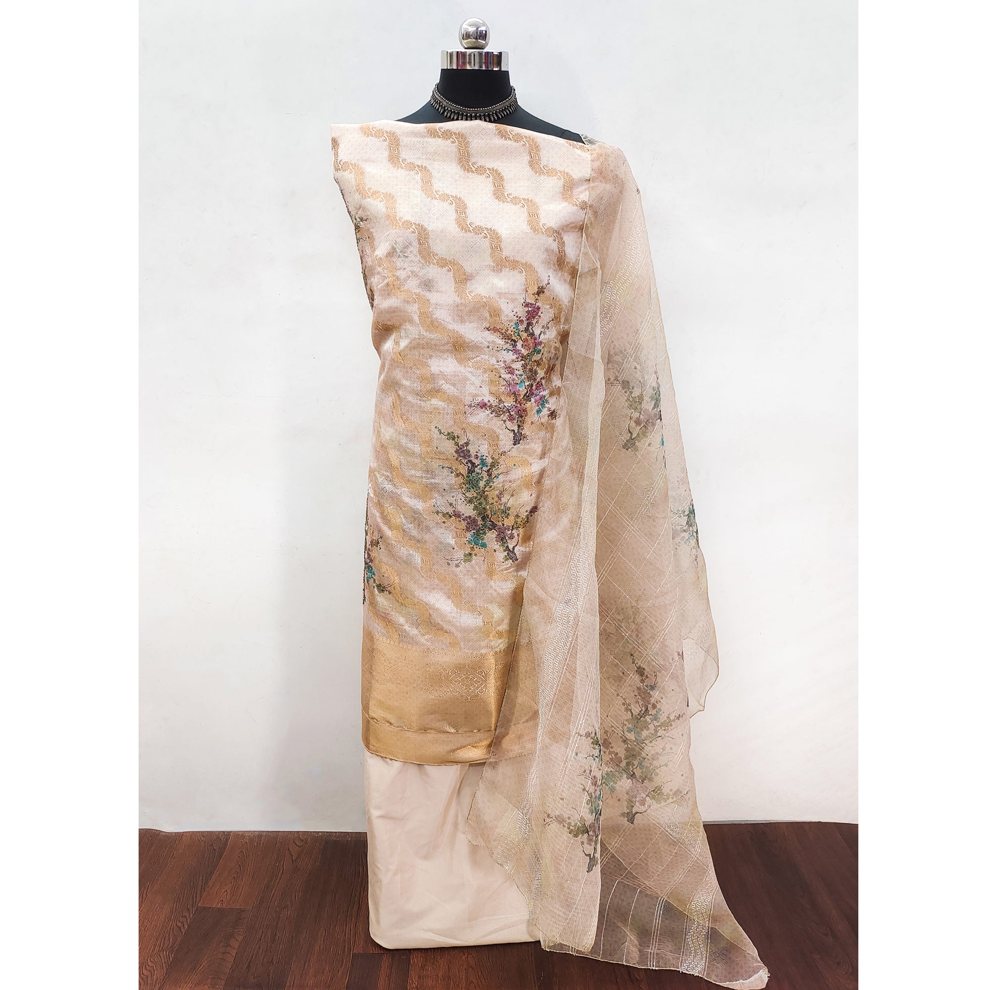 Soft Peach Woven With Digital Printed Organza Dress Material