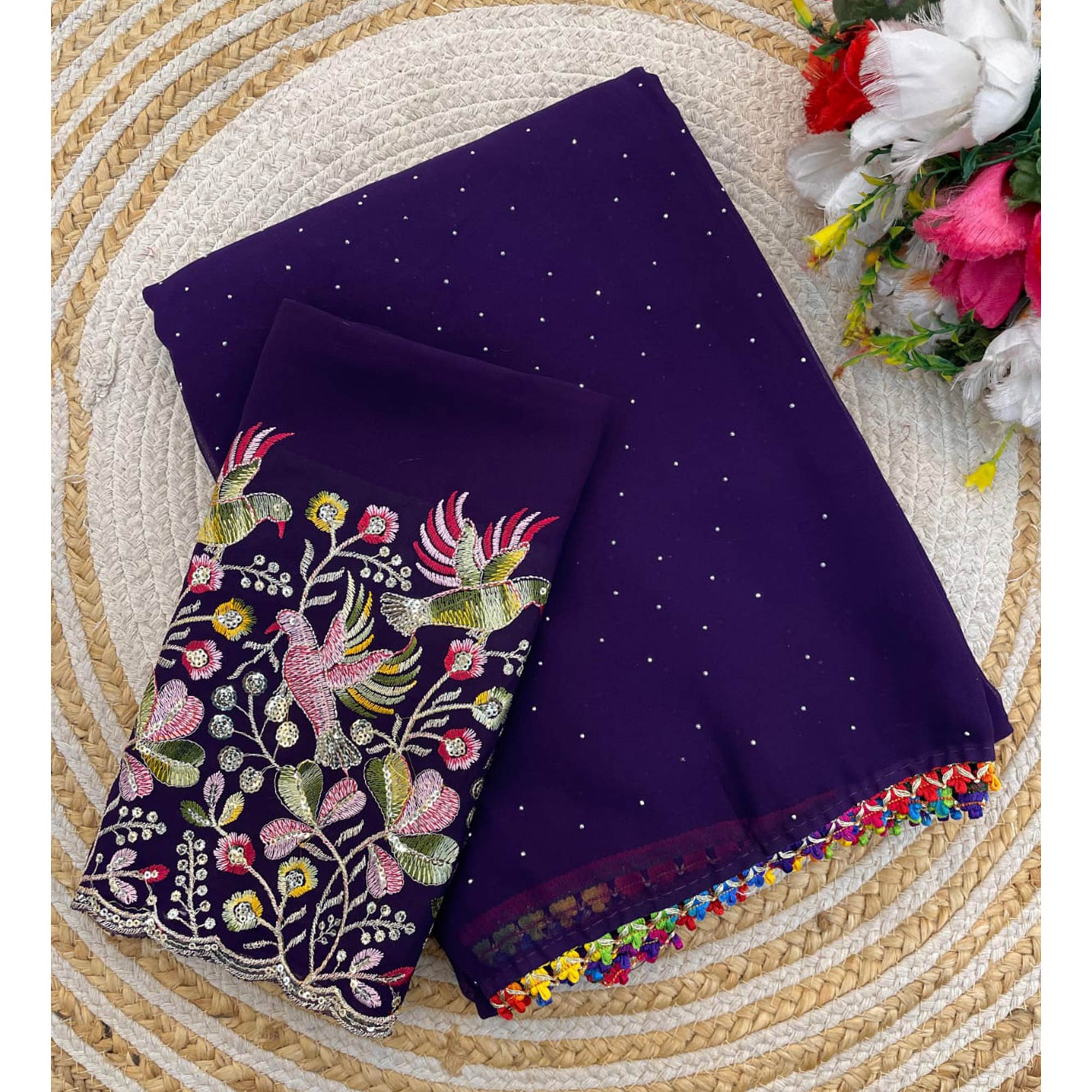 Purple Swarovski Work Embroidered Georgette Saree