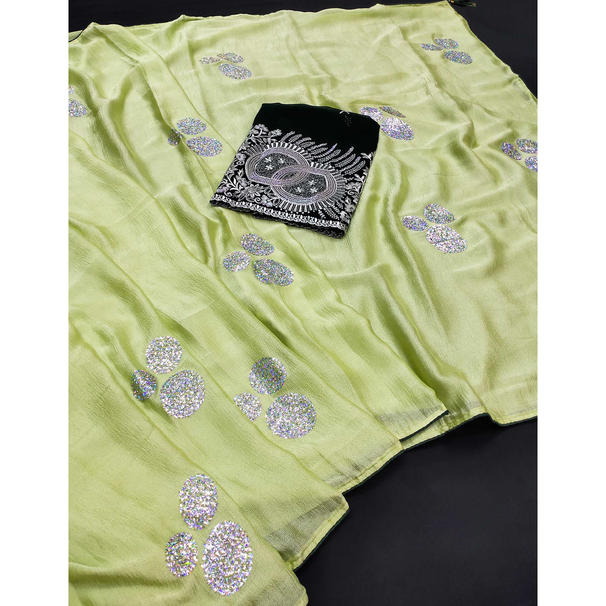 Green Mirror Work Embroidered Chiffon Saree
