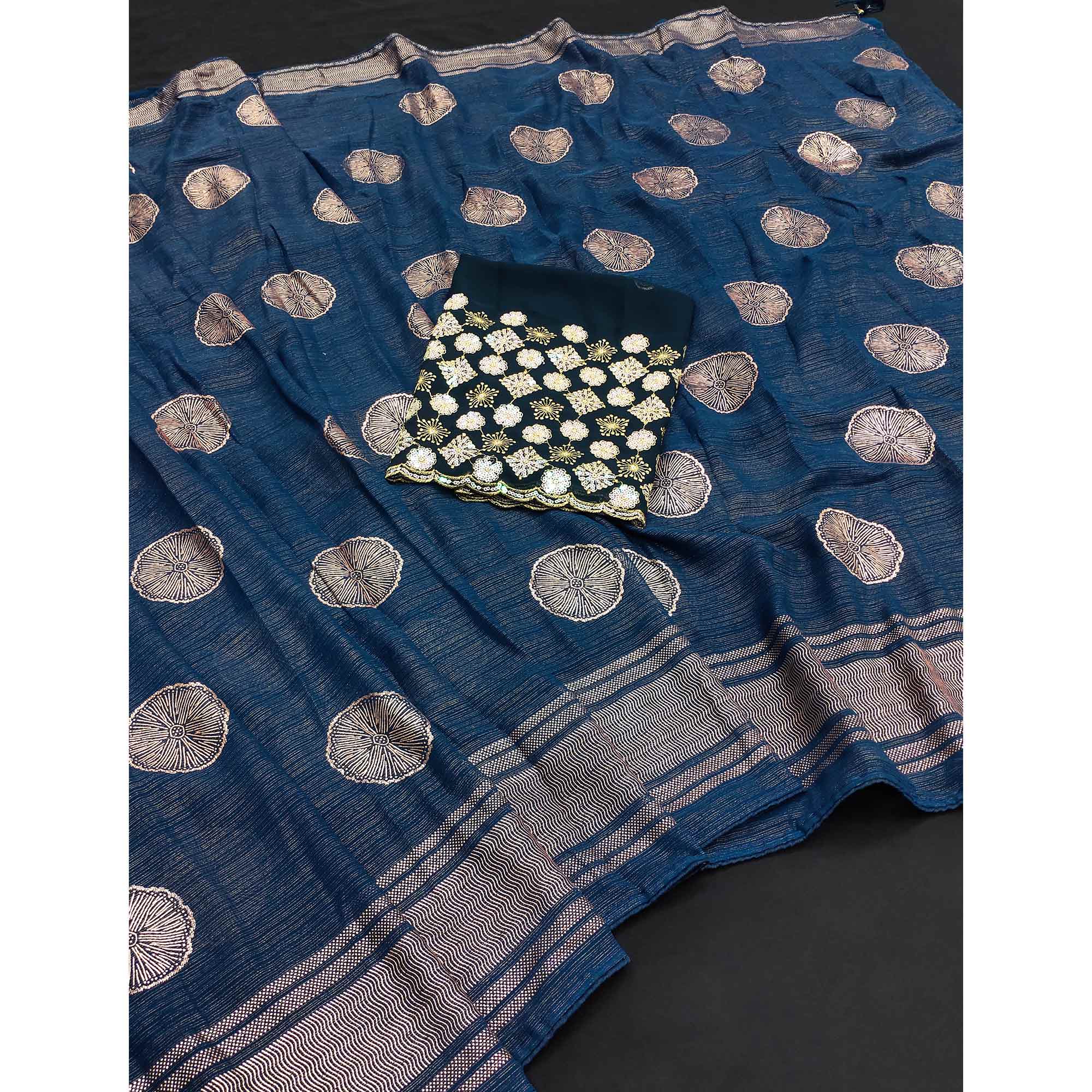 Teal Foil Printed Georgette Saree