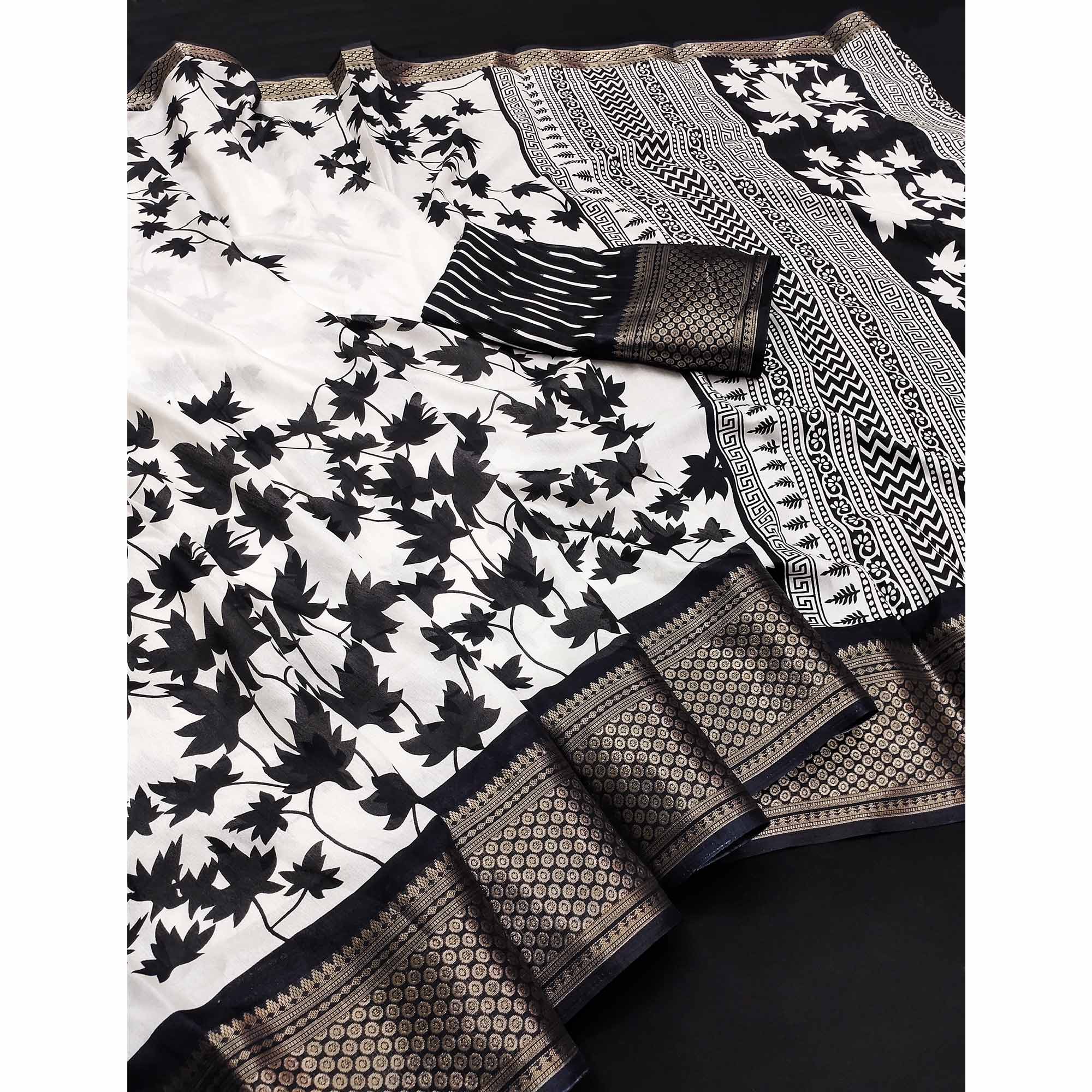 Off White & Black Floral Printed Dola Silk Saree With Zari Border