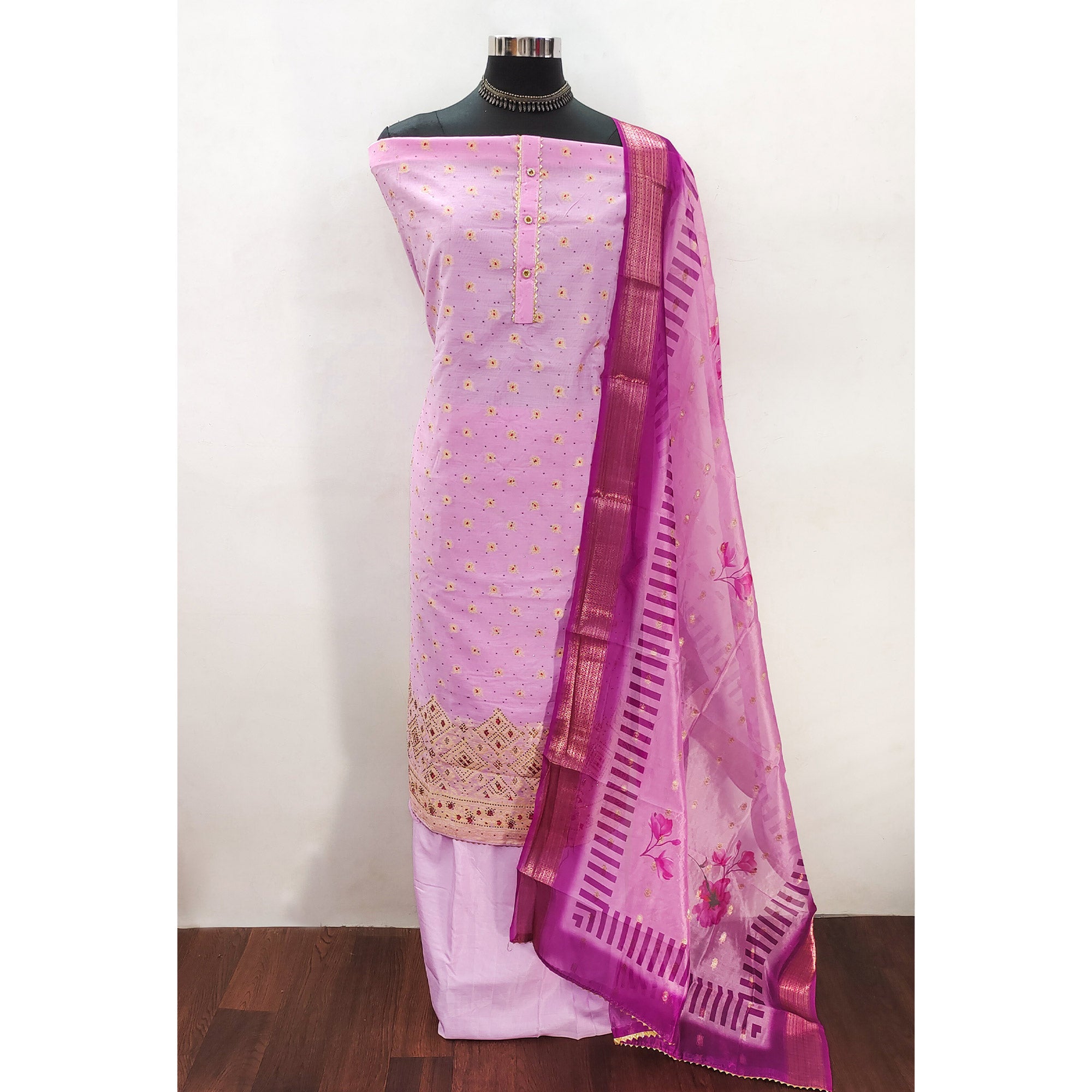 Pink Woven With Swarovski Work Banarasi Silk Dress Material