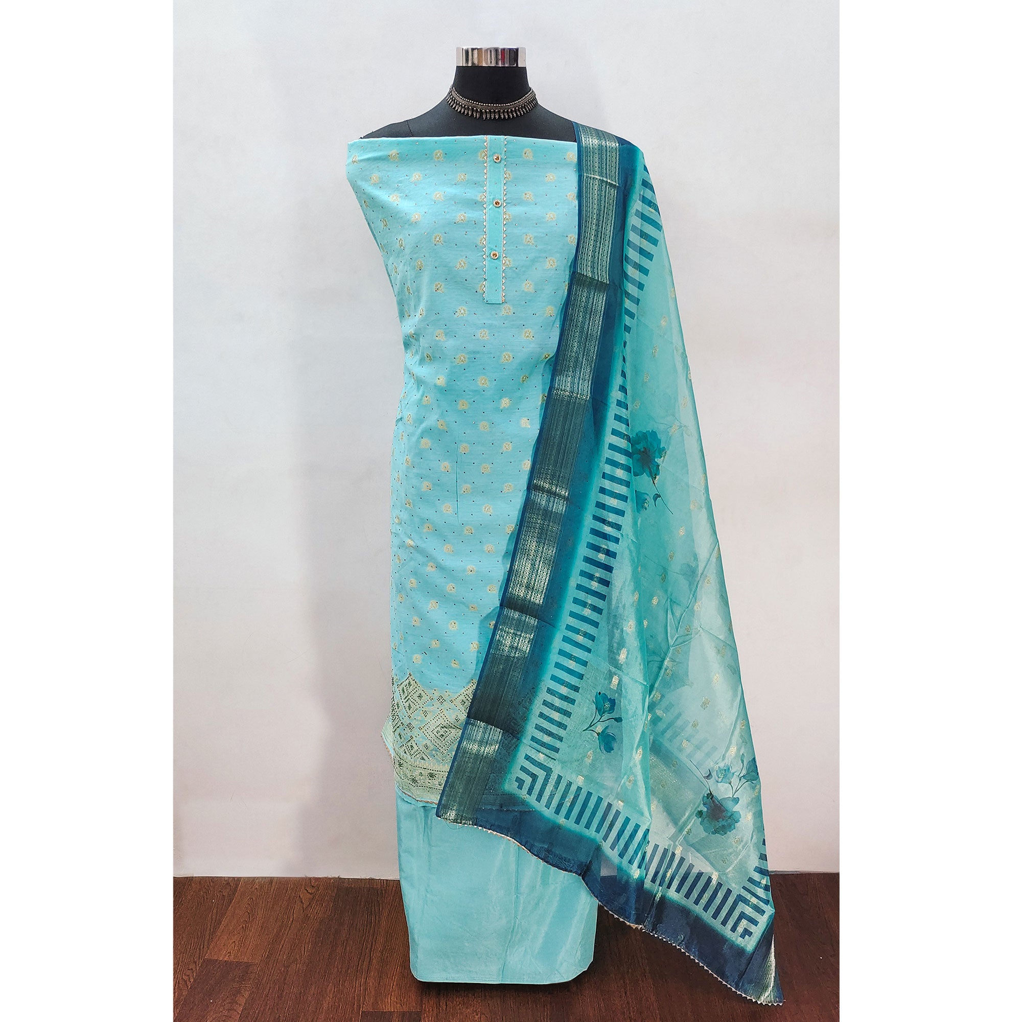Turquoise Woven With Swarovski Work Banarasi Silk Dress Material