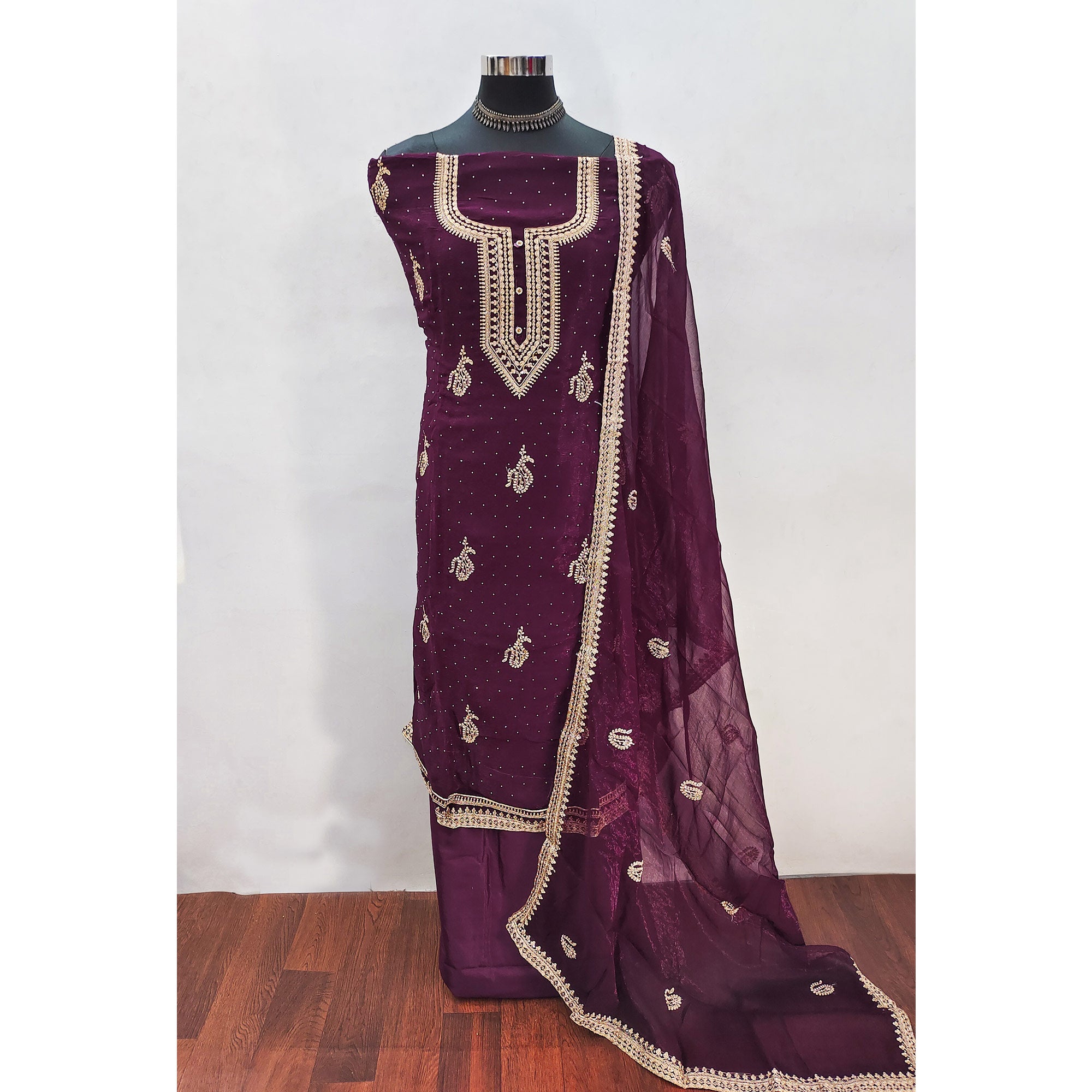 Wine Floral Embroidery With Swarovski Work Georgette Dress Material