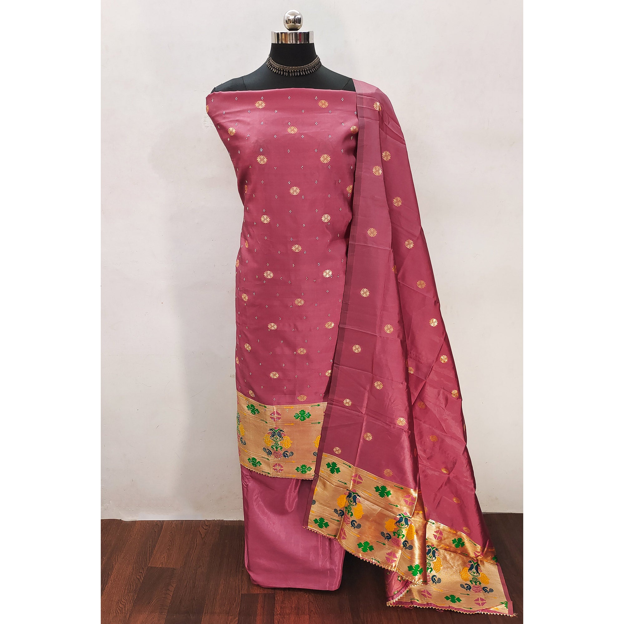 Gajari Pink Floral Woven With Swarovski Work Banarasi Silk Dress Material