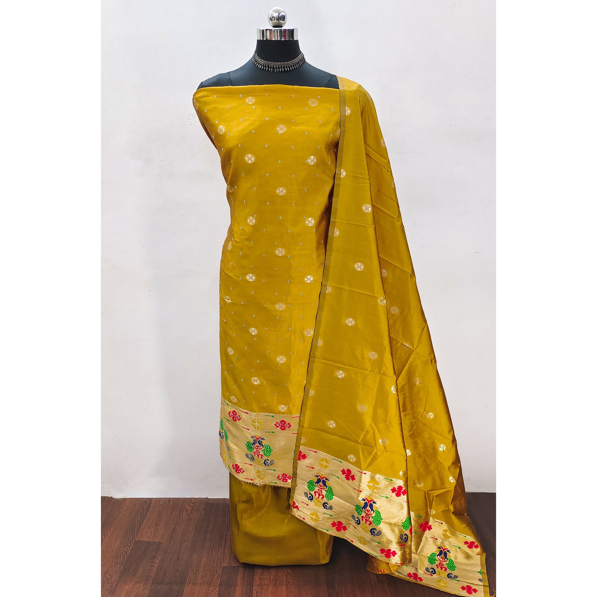 Mustard Floral Woven With Swarovski Work Banarasi Silk Dress Material