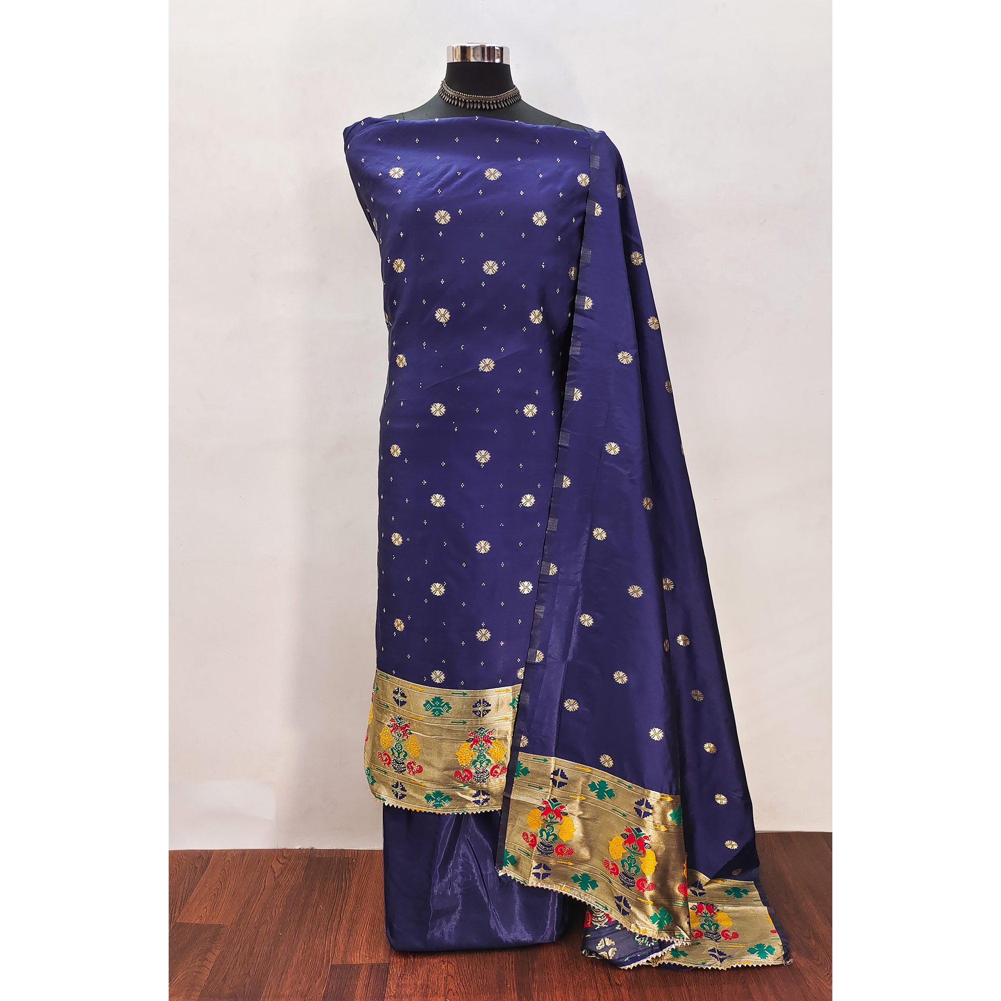 Navy Blue Floral Woven With Swarovski Work Banarasi Silk Dress Material