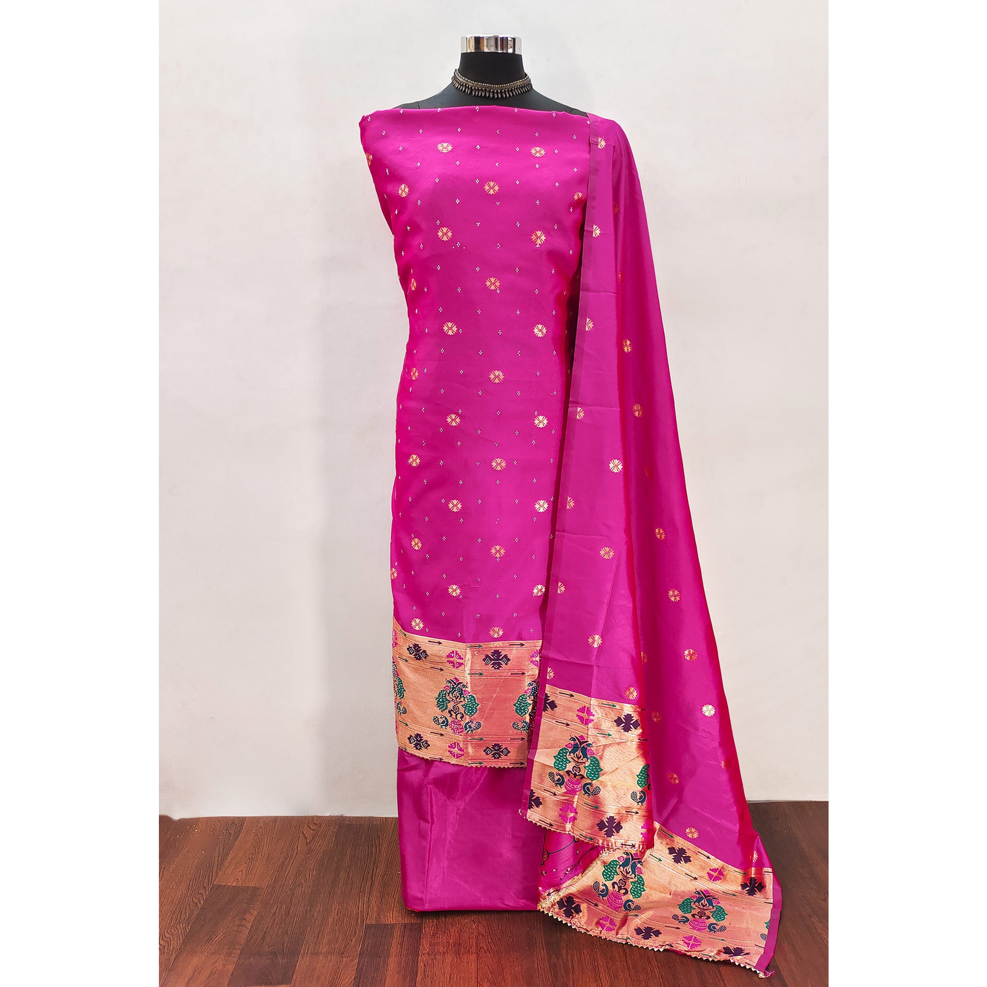 Pink Floral Woven With Swarovski Work Banarasi Silk Dress Material