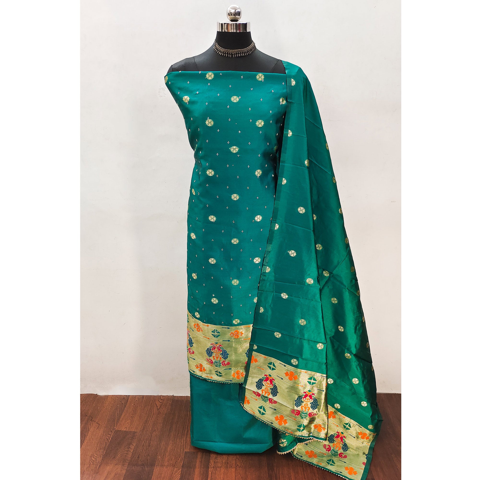 Rama Green Floral Woven With Swarovski Work Banarasi Silk Dress Material