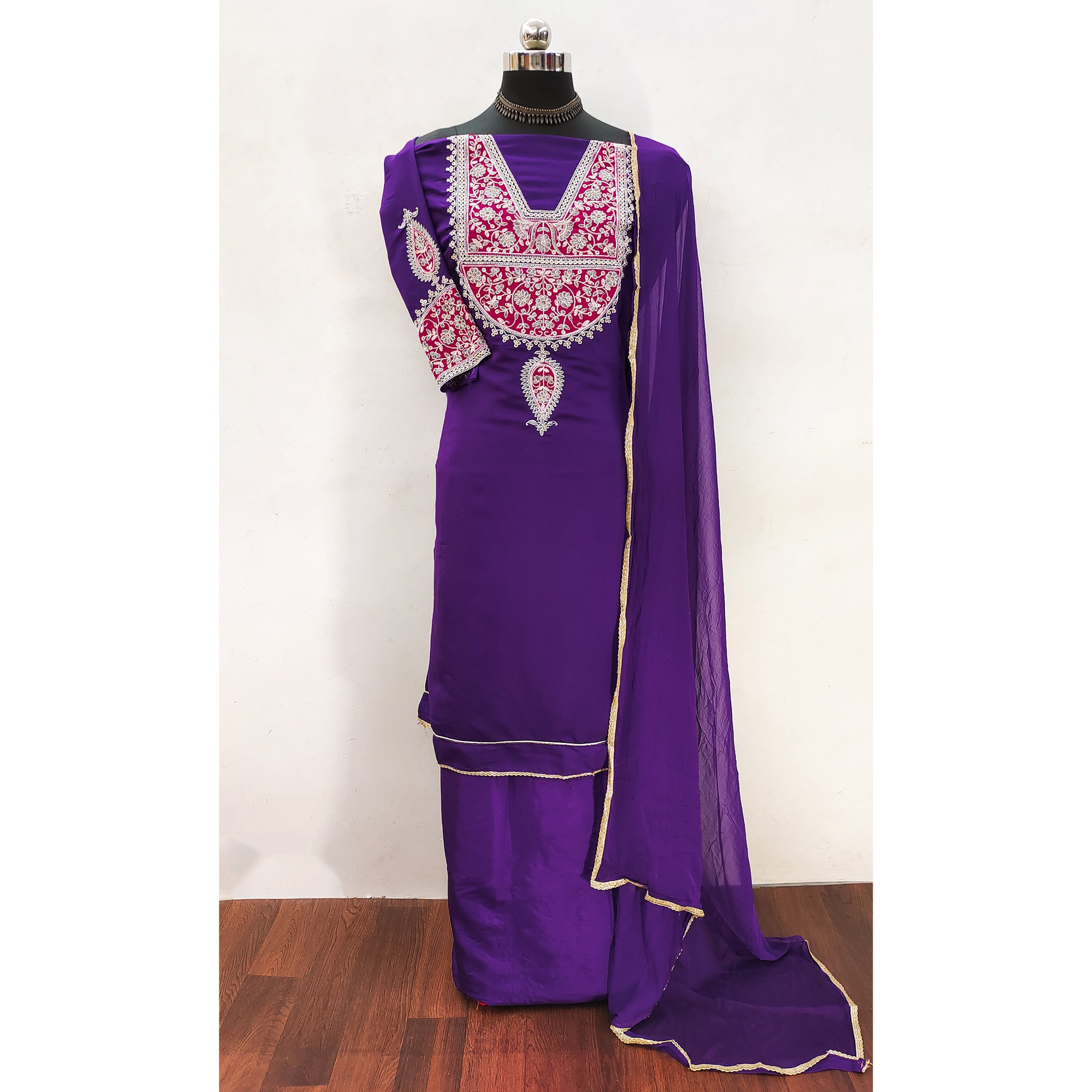 Violet Floral Sequins Embroidered Viscose Dress Material