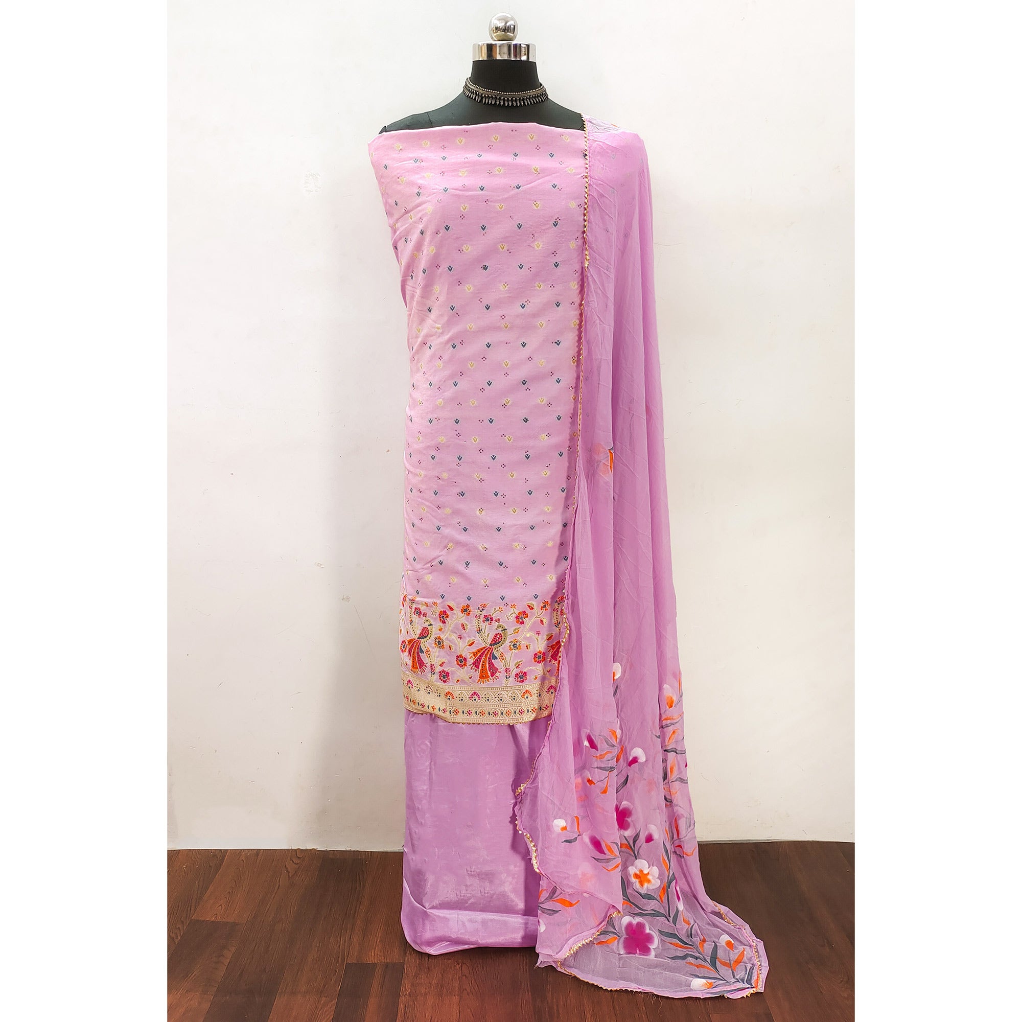 Pink Floral Woven With Swarovski Work Banarasi Silk Dress Material