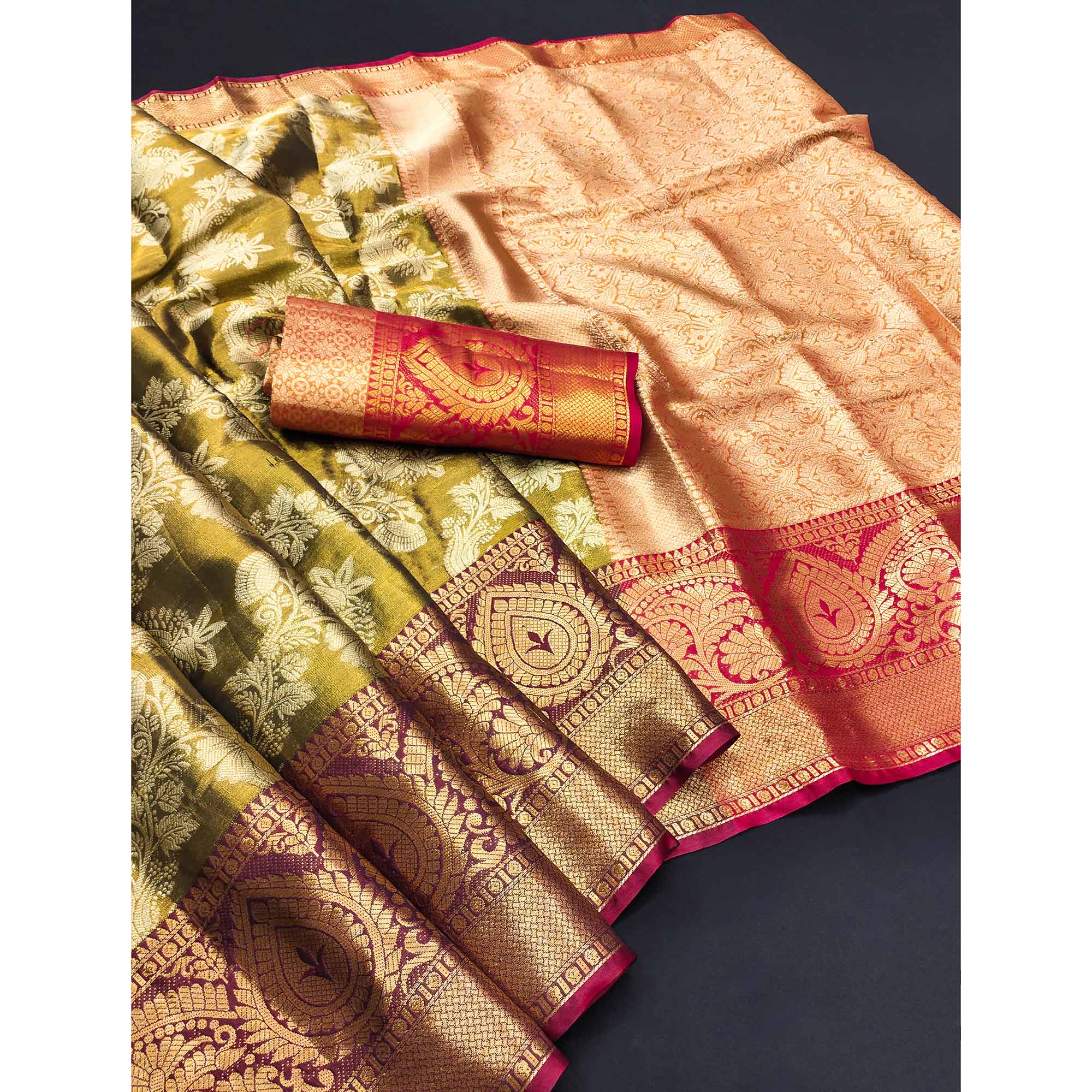 Olive Floral Woven Banarasi Silk Saree