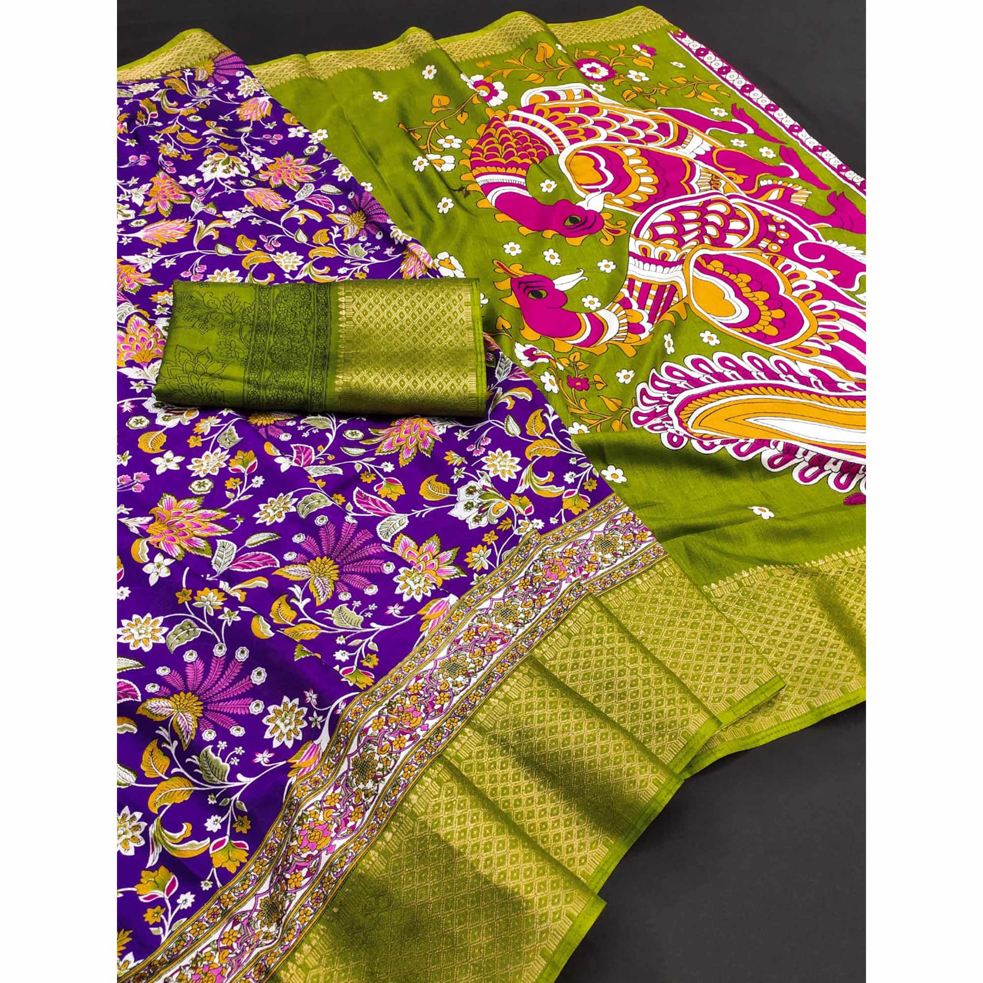 Purple Floral Printed Art Silk Saree With Woven Border