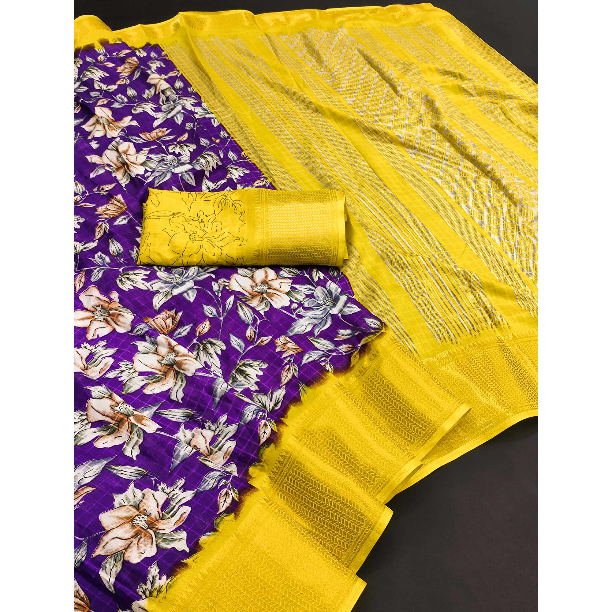 Purple Floral Printed Art Silk Saree With Woven Border