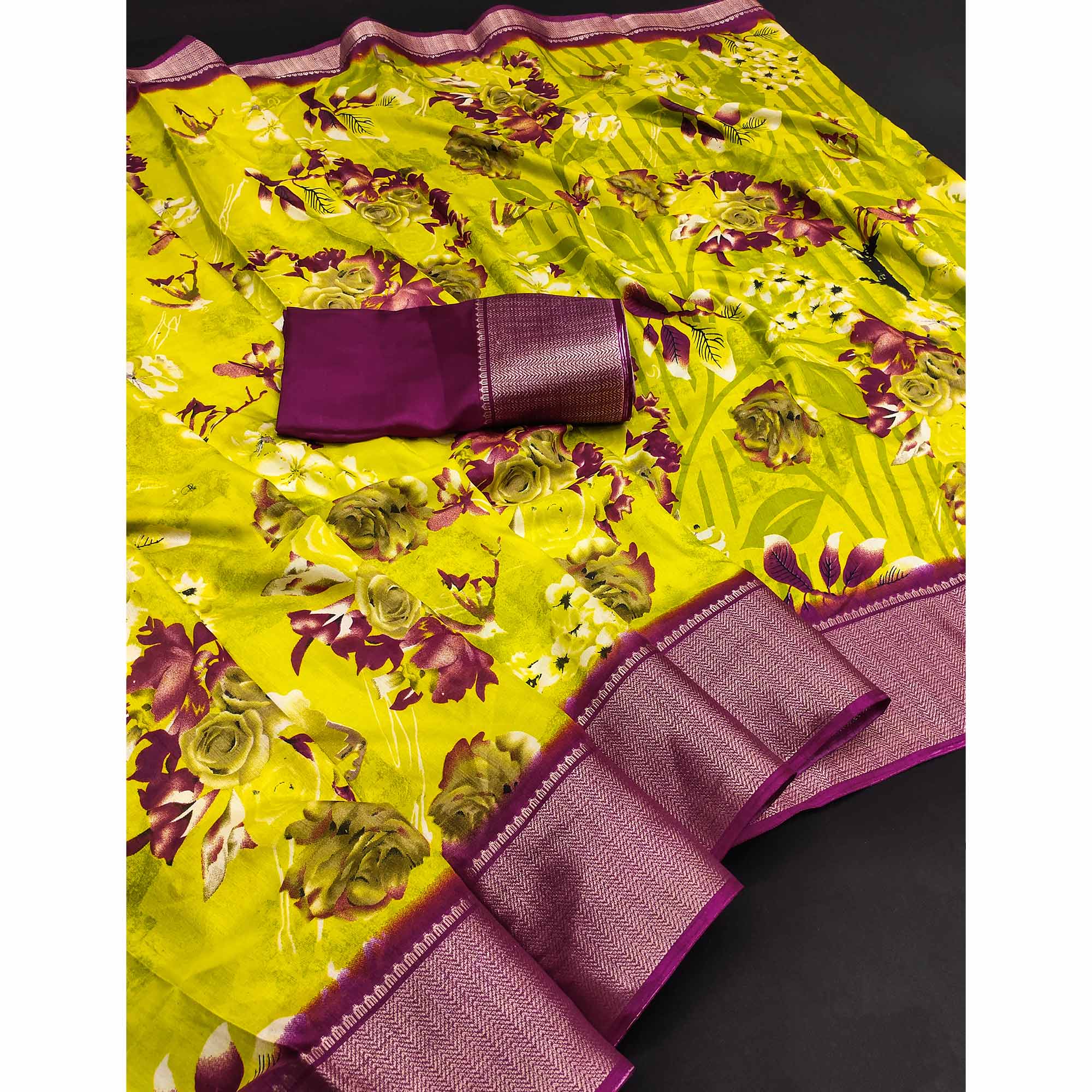 Green Floral Printed Art Silk Saree With Woven Border