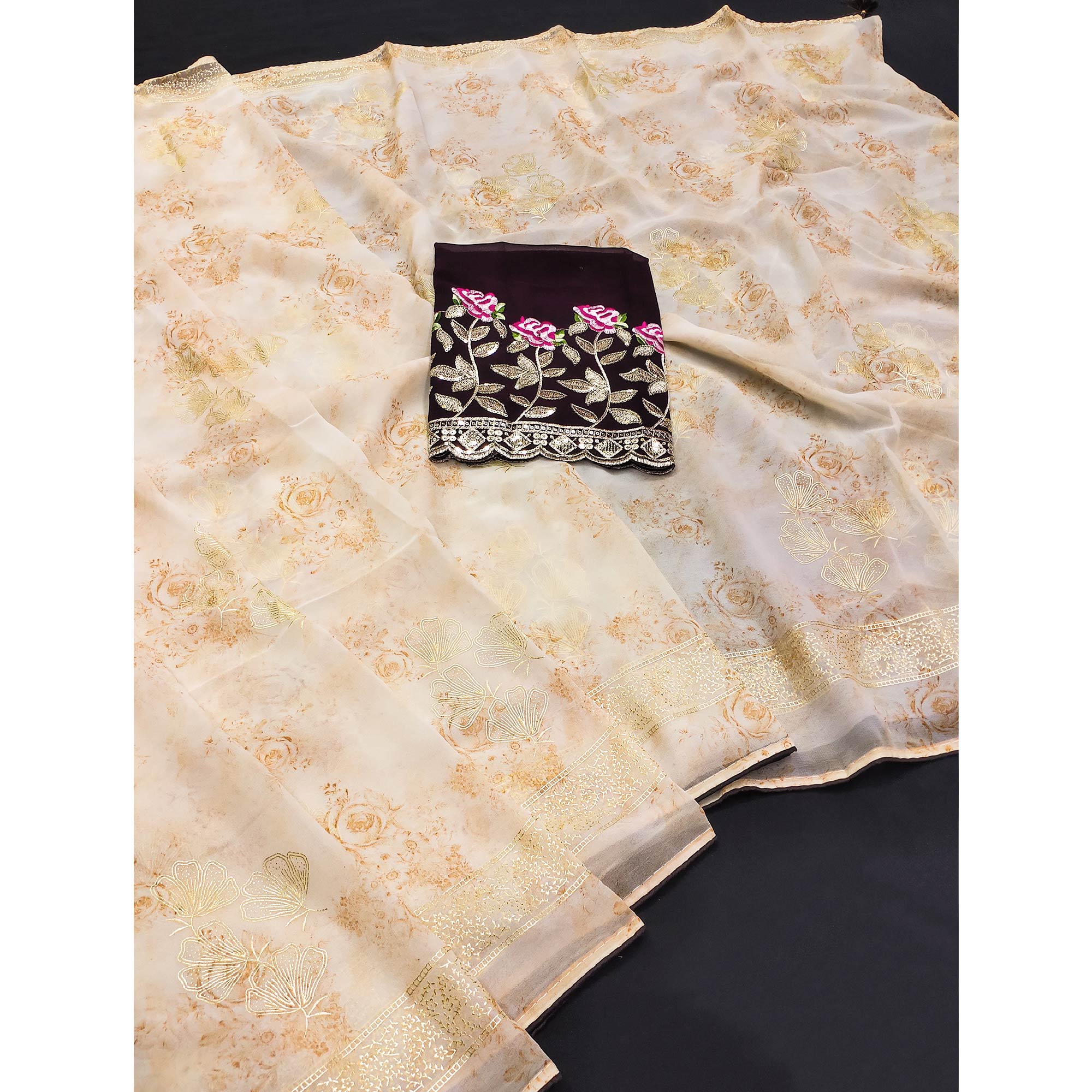 Beige Floral Printed Georgette Saree