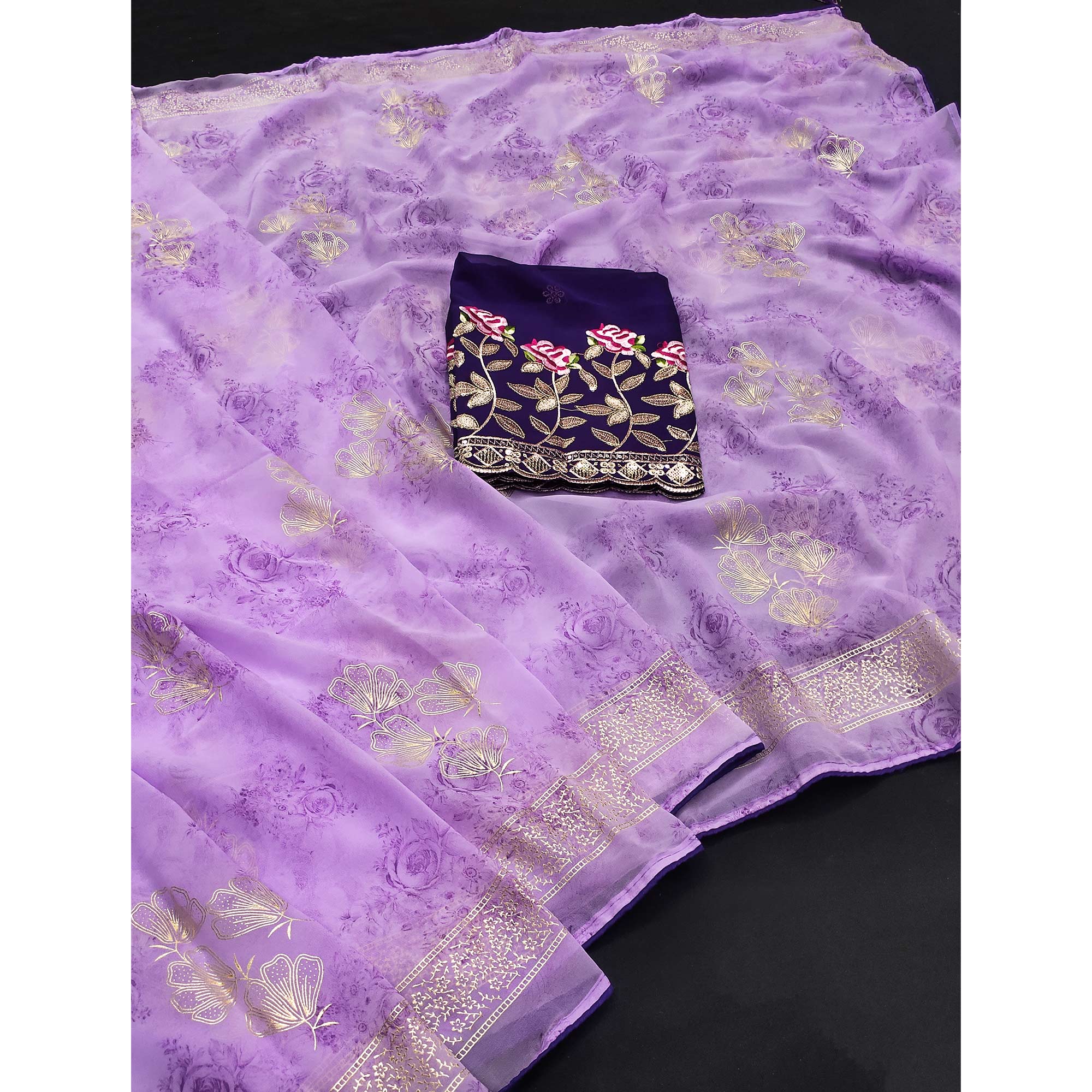 Purple Floral Printed Georgette Saree